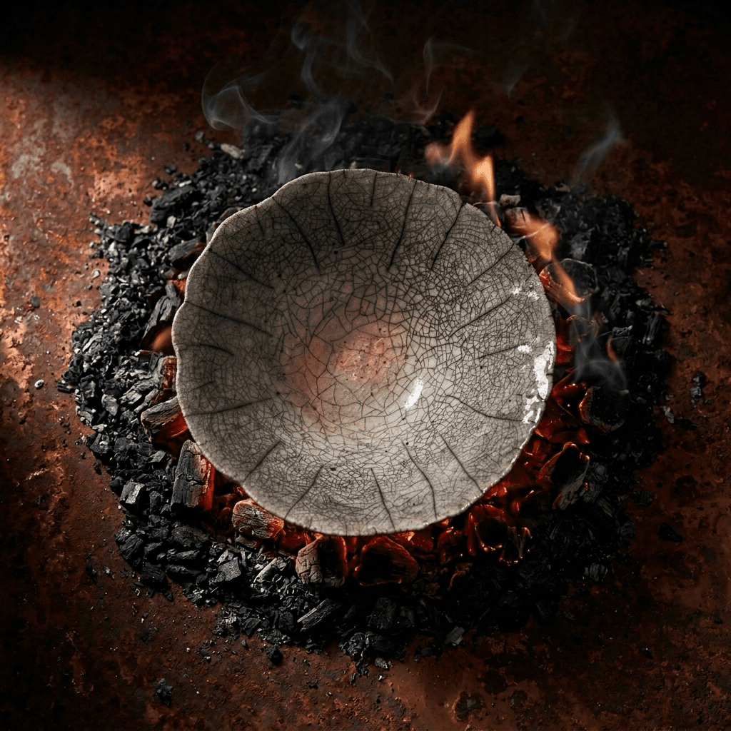 Raku firing technique white bowl with raku crackle