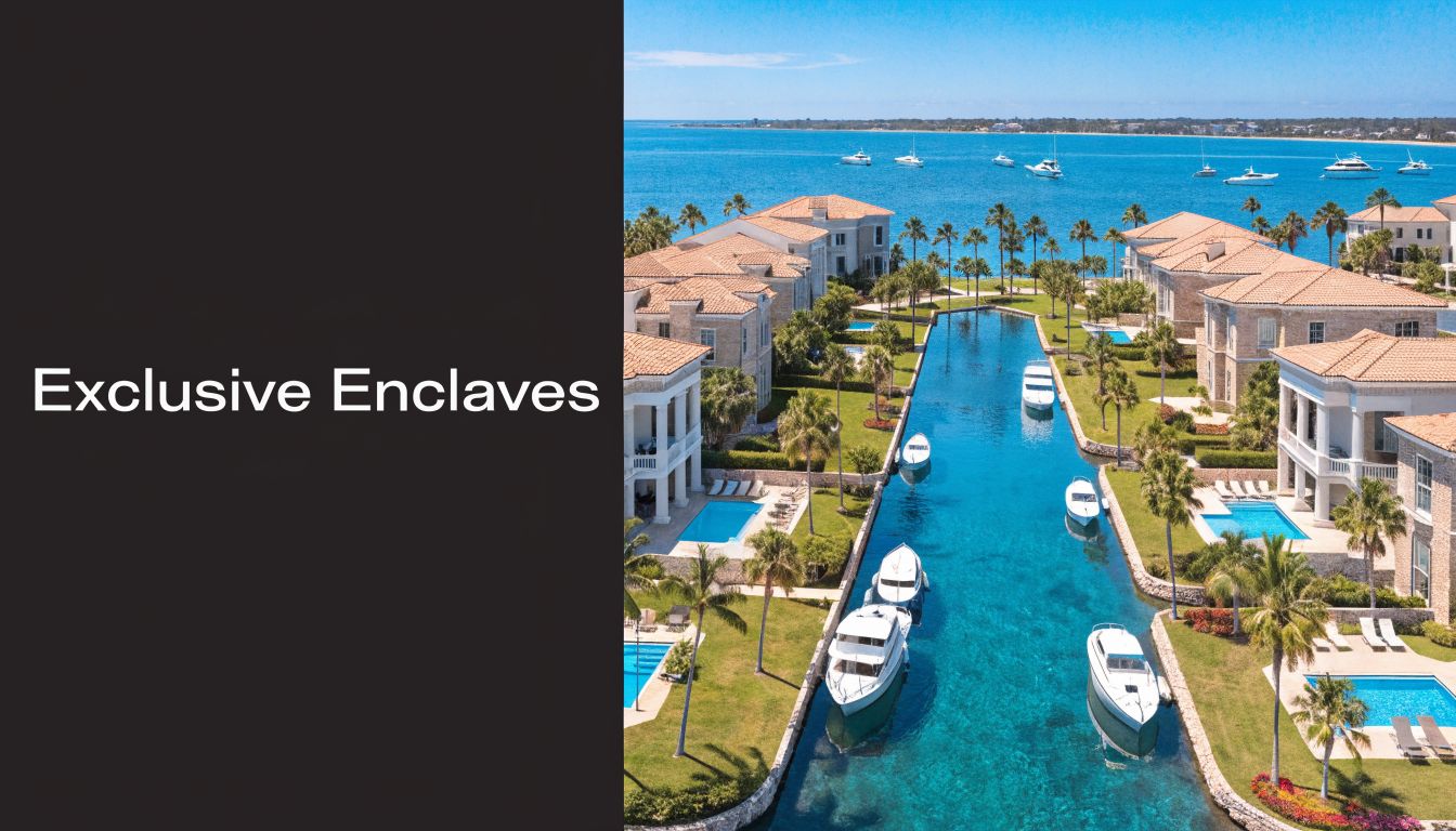 Luxury waterfront mansions with private boat slips and swimming pools in a sunny tropical location.