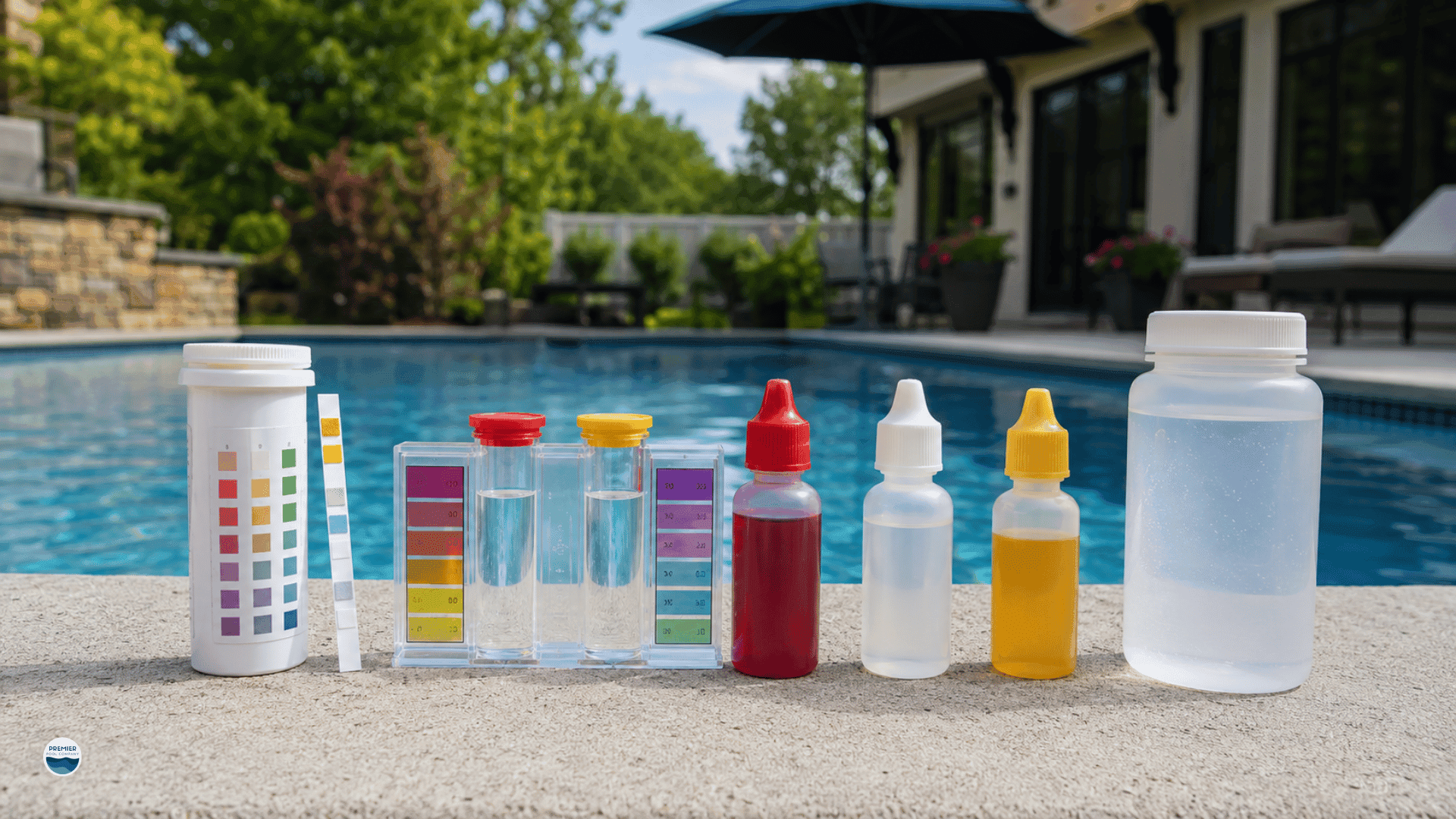 Pool water testing methods including test strips liquid reagent kit and professional pool testing