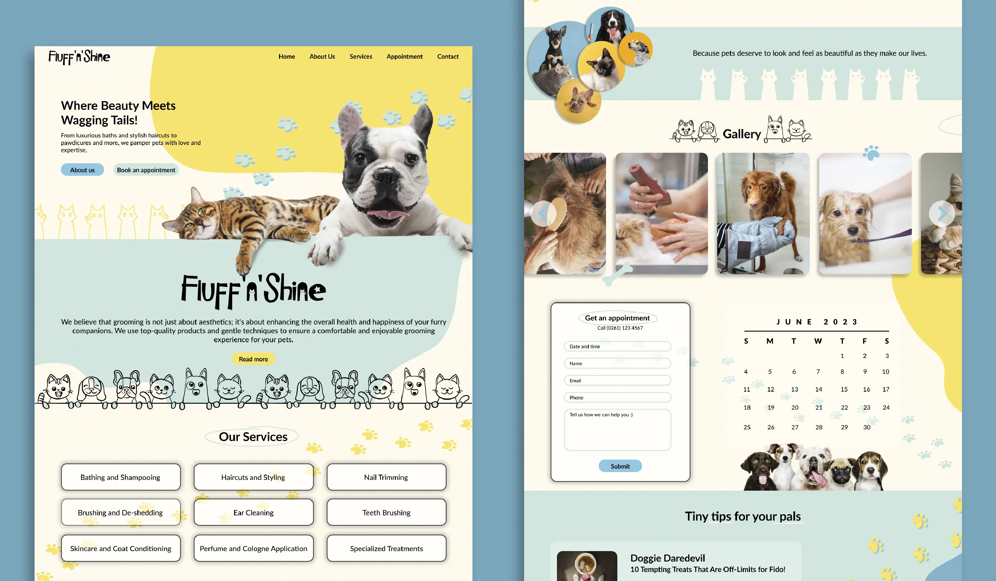 Interactive website layout for Fluff'n Shine pet grooming salon