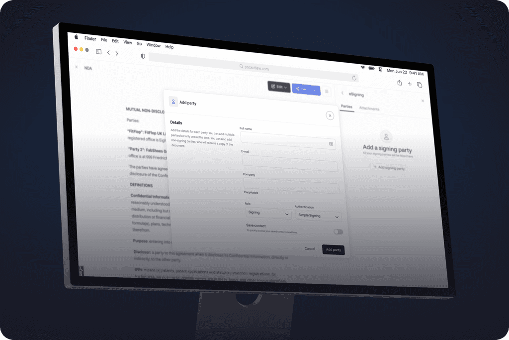 A computer screen displaying PocketLaw contract signing software with an open "Add party" window for entering details of the signing party. 
