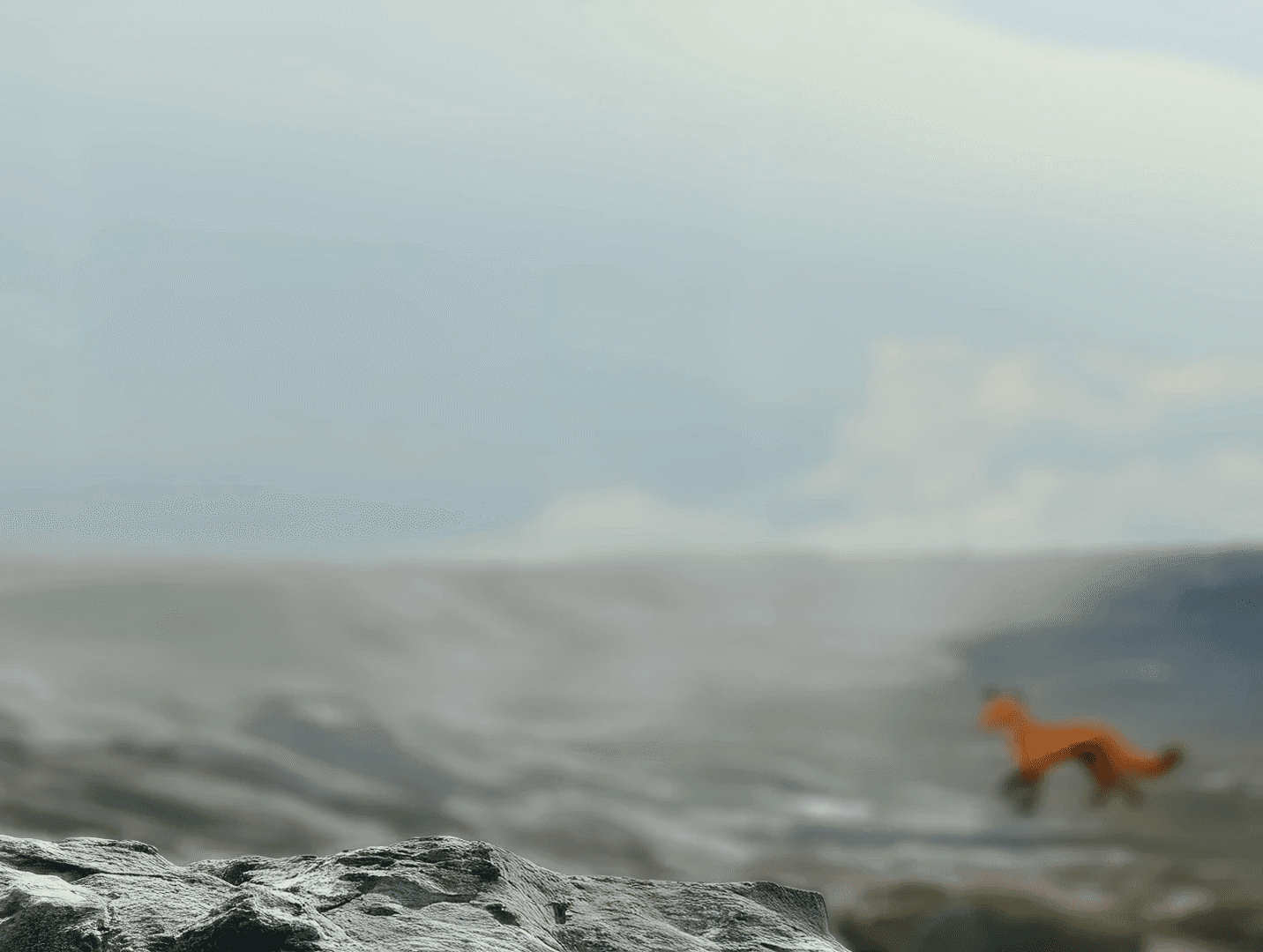 Une image évoquant l’univers du fennec, dont le regard perçant se projette dans le désert. La silhouette de l'animal s'intègre dans un décor naturel, un terrain rugueux qui fait écho à la texture et à l'élégance brute de la maroquinerie.