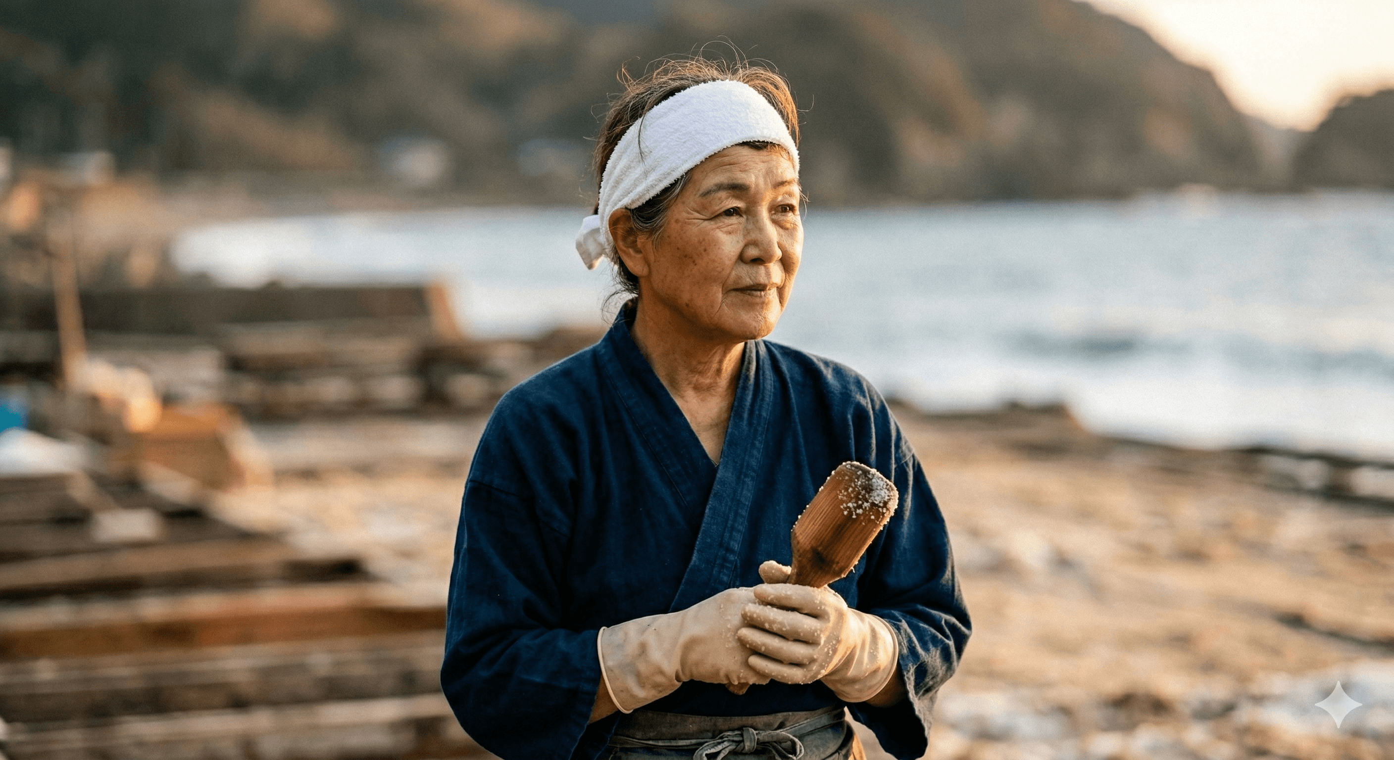 Portrait of a woman working on a Japanese salt farm
