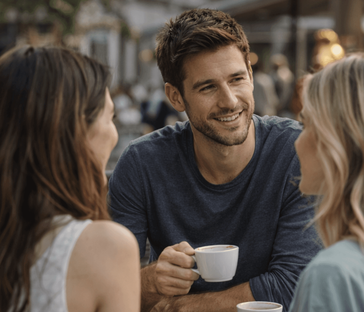 ein mann sitzt mit 2 frauen in einem caffee
