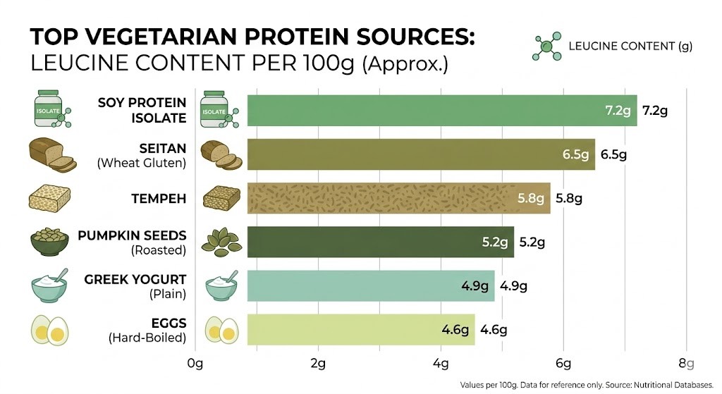 A horizontal bar chart comparing the approximate leucine content per 100g of various vegetarian protein sources, including soy protein isolate, seitan, tempeh, roasted pumpkin seeds, plain Greek yogurt, and hard-boiled eggs. The data shows soy protein isolate having the highest leucine content.