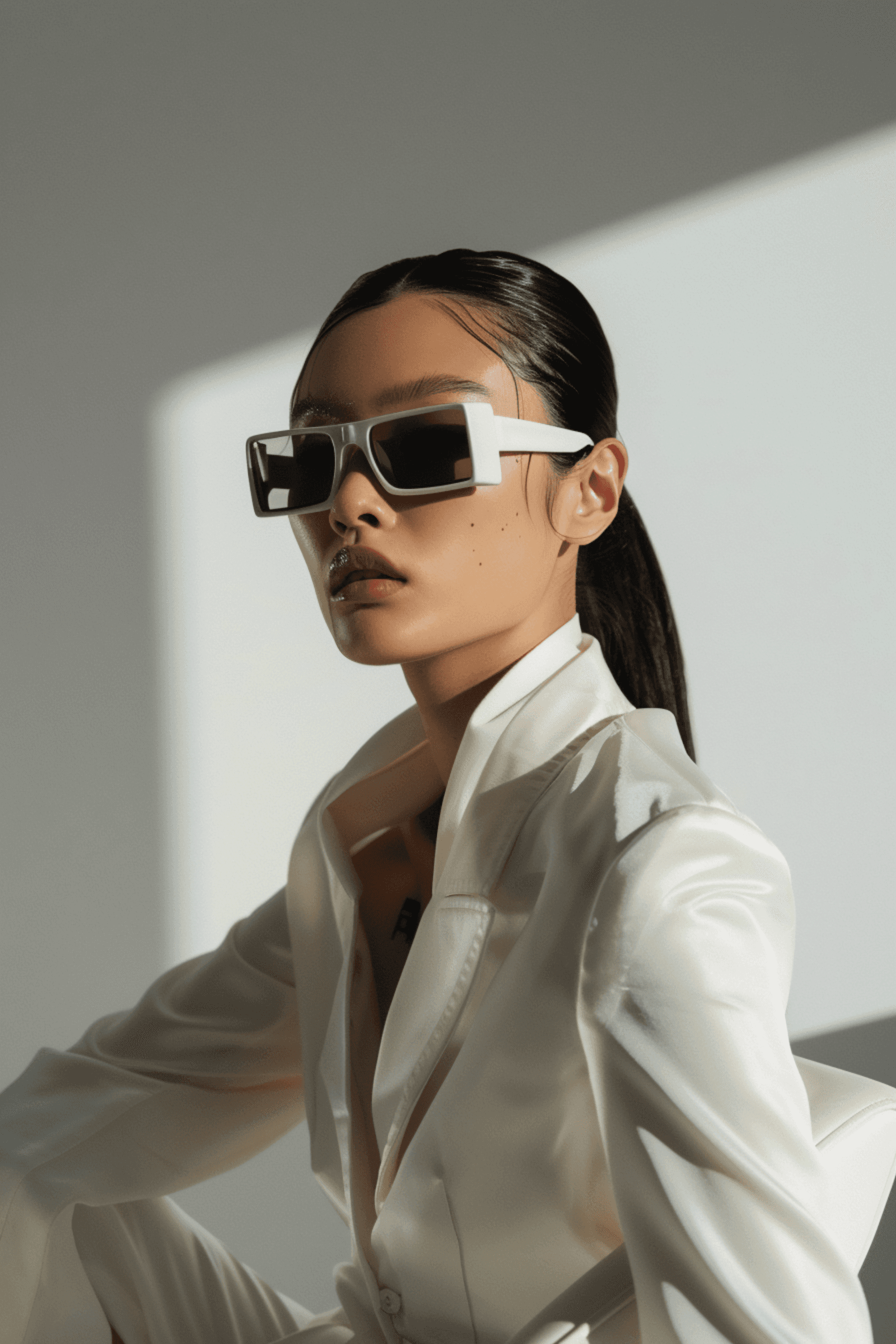 Chic portrait of a woman in black sunglasses and blazer, with sleek hair and soft lighting creating a minimalist, modern vibe.