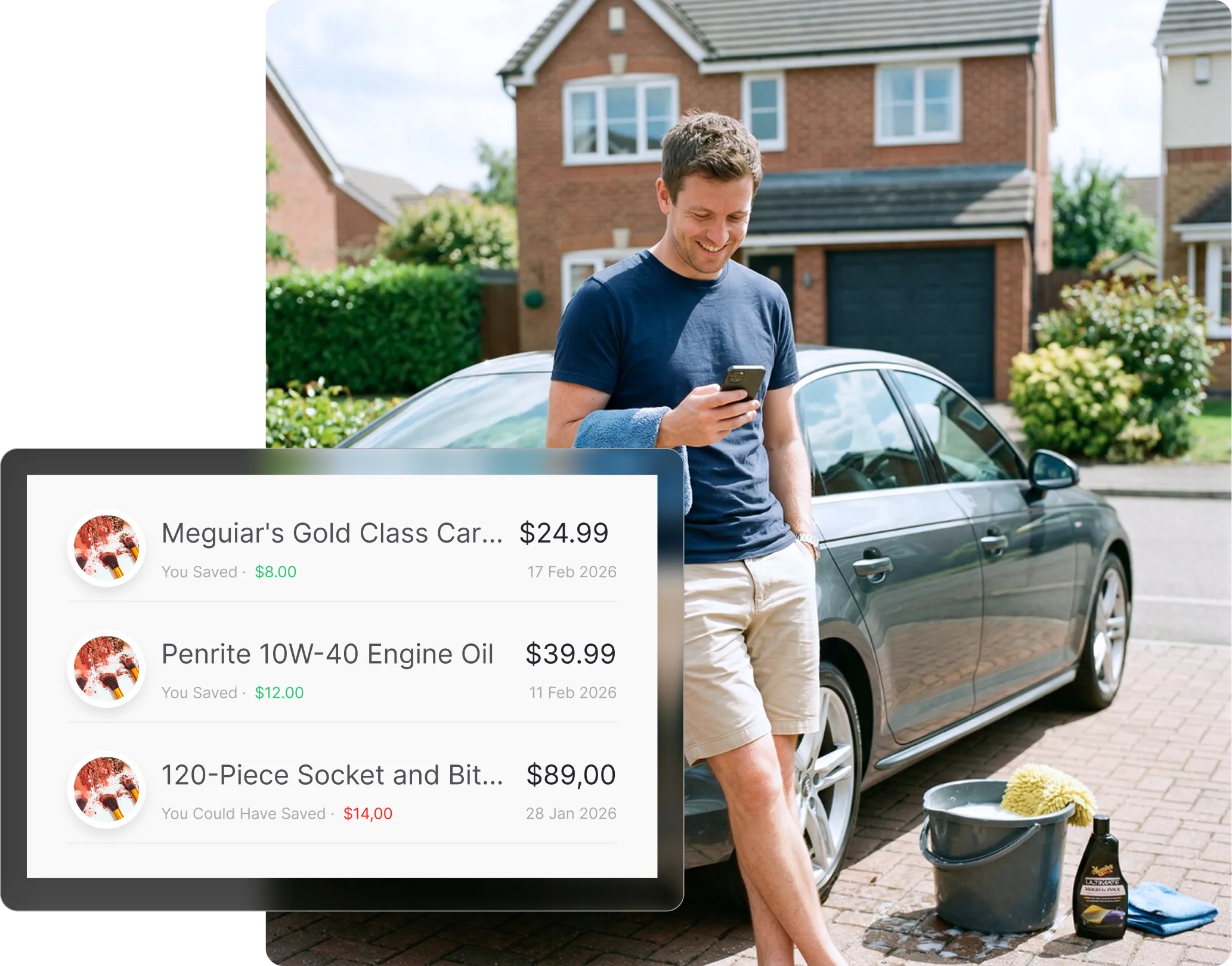 Man checking his phone next to a car in a driveway, with a Whisprice purchase history showing savings on Supercheap Auto products including engine oil and a socket set.
