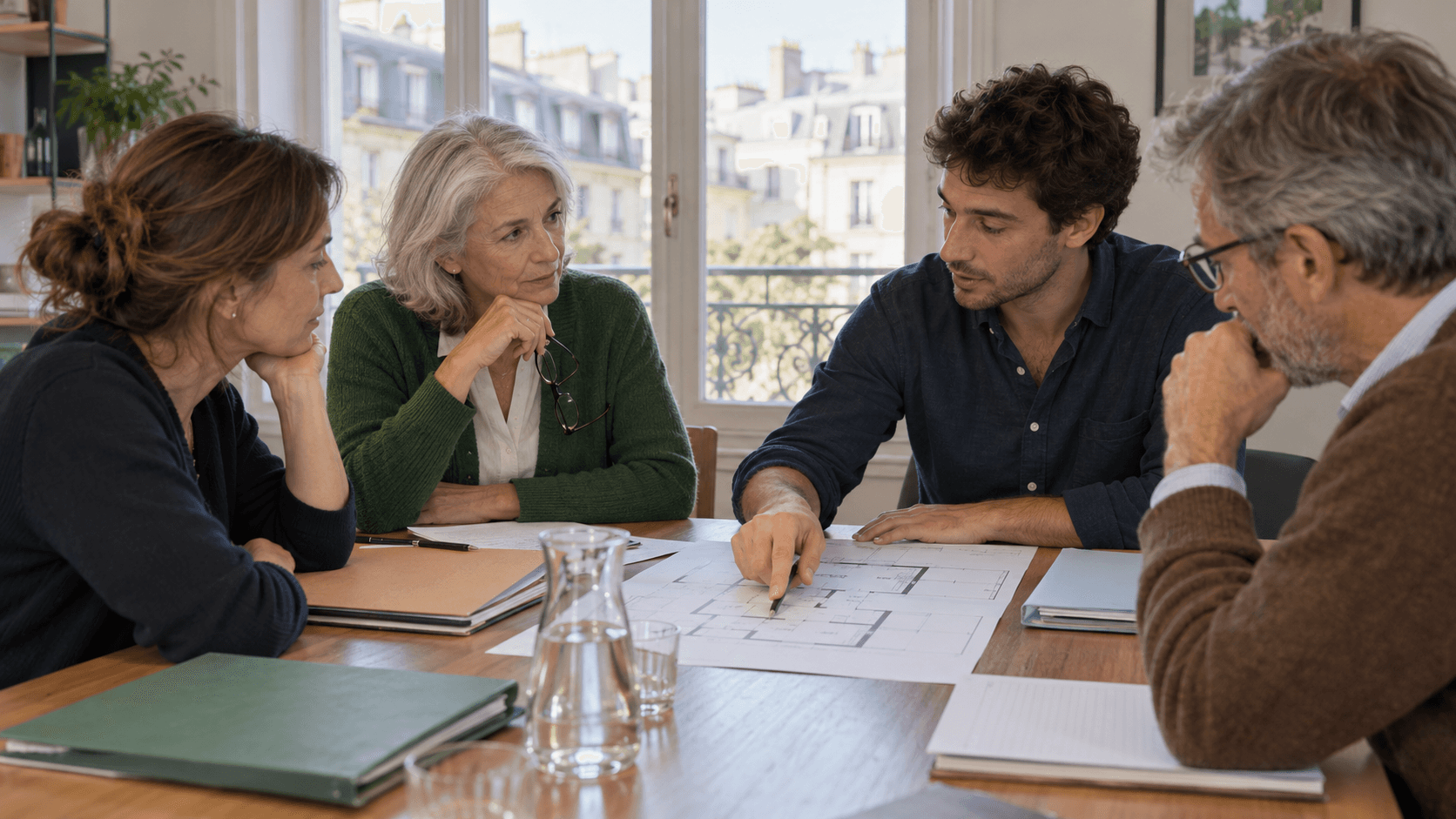 Quatre copropriétaires échangent autour de documents et d’un plan lors d’une réunion.