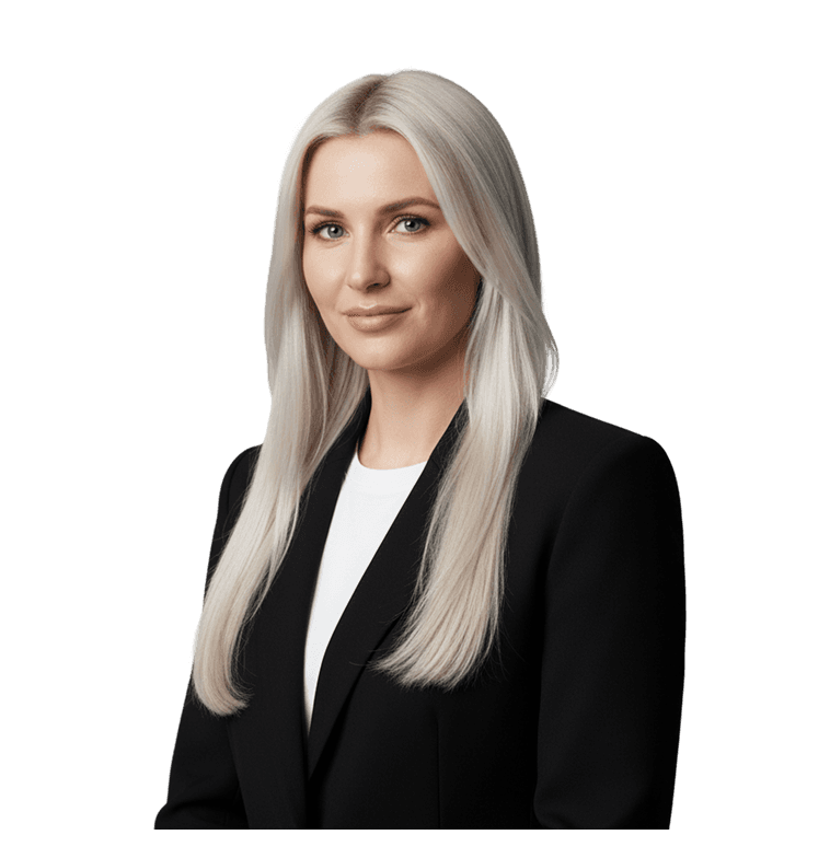 Blonde woman in a black blazer and white shirt, looking directly at the camera with a neutral expression.
