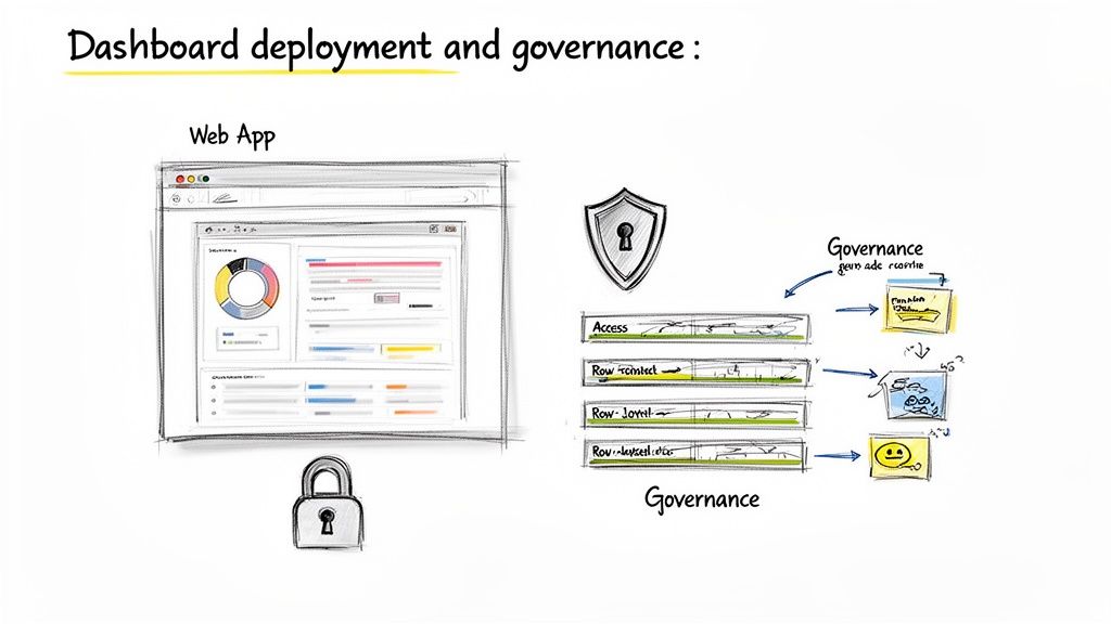 Diagram illustrating dashboard deployment, governance, access control, and row-level security within a web application.