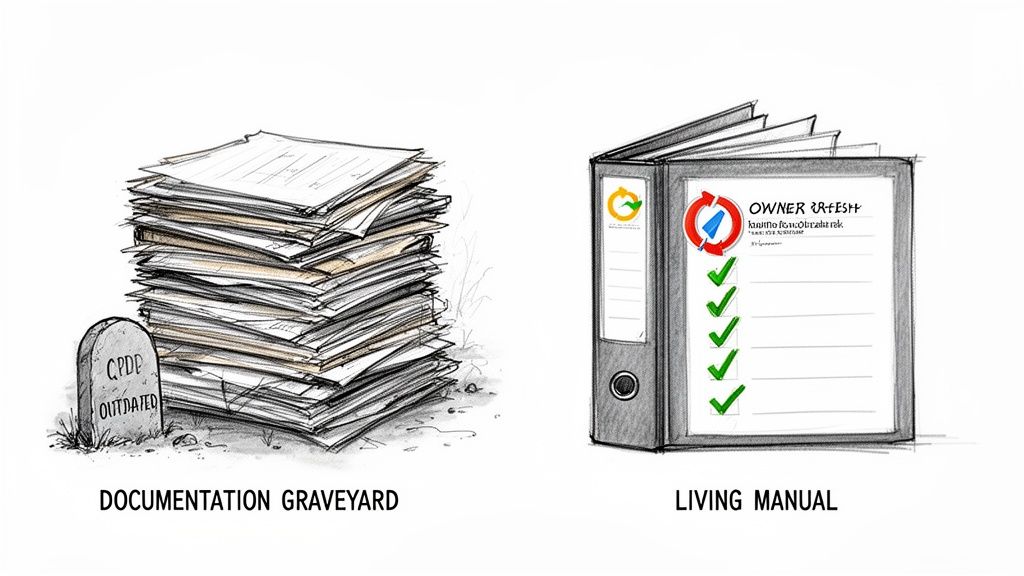 Illustration contrasting a 'documentation graveyard' of outdated papers with a 'living manual' of current, organized documents.