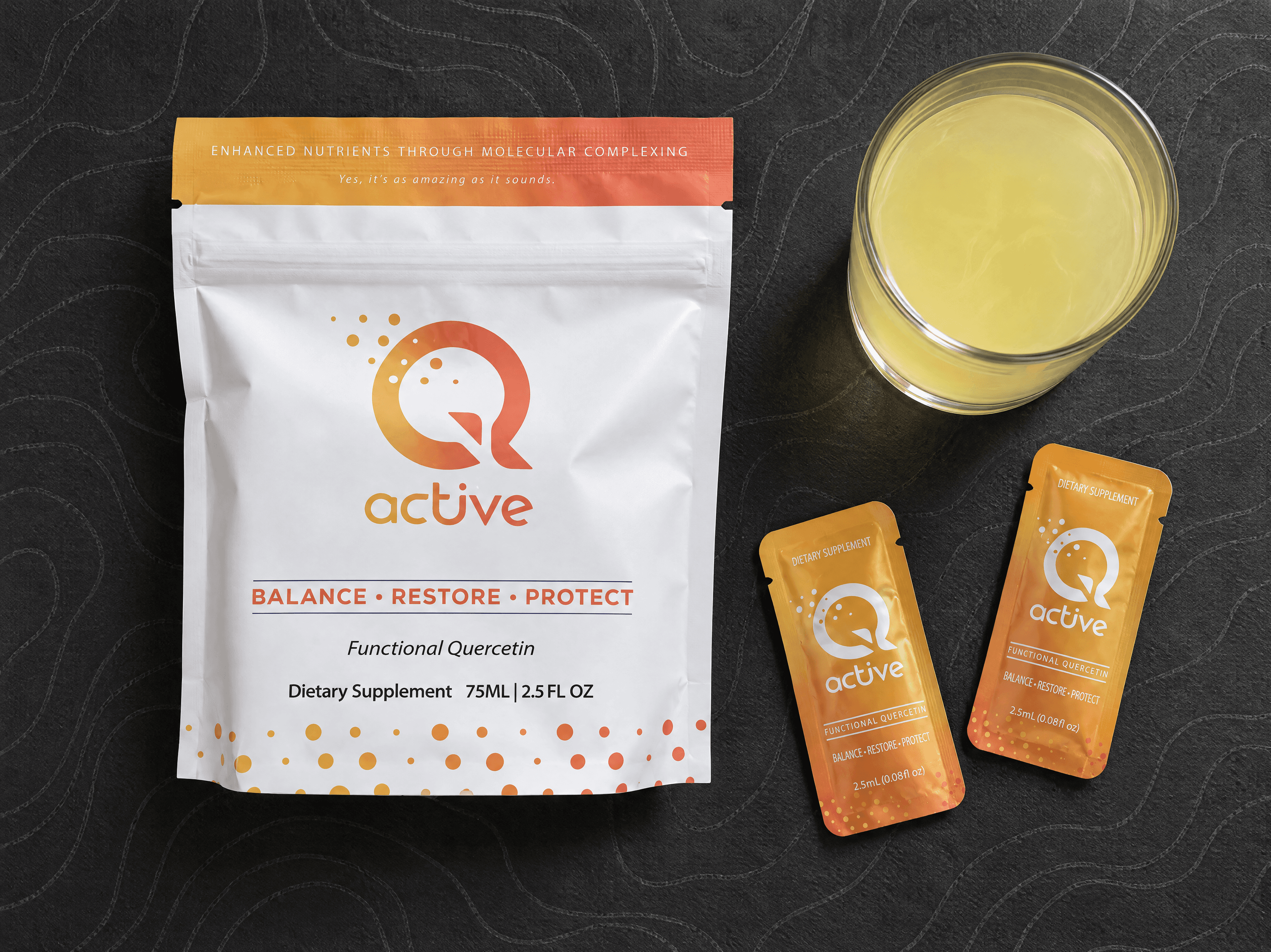 Q-Active Daily quercetin pouch, snap packs and a glass of mixed quercetin