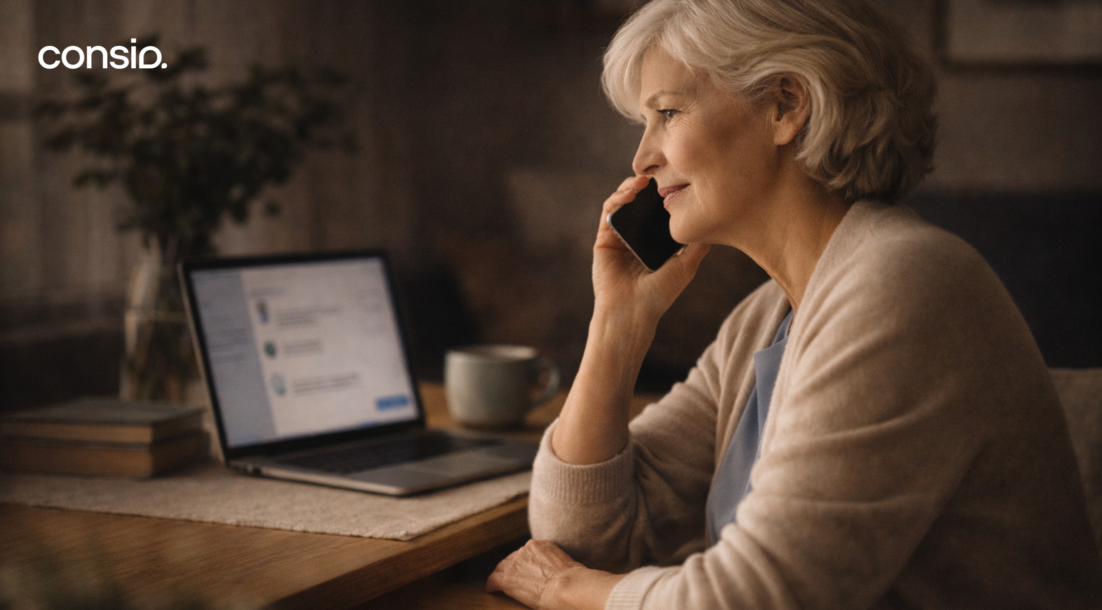 An older woman sitting at a desk, speaking on the phone while shopping online on her laptop.