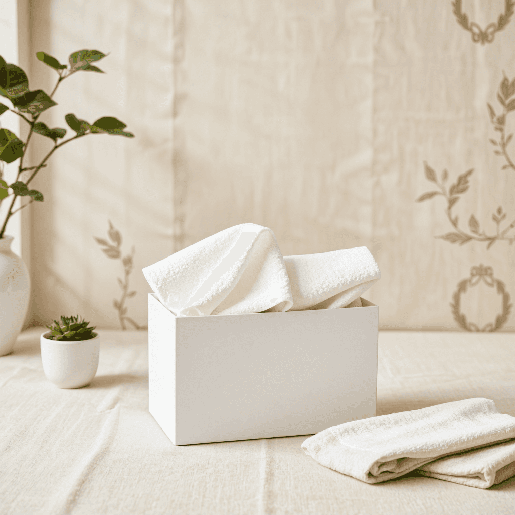 product photography of box of disposable towels, used for cleaning and personal care
