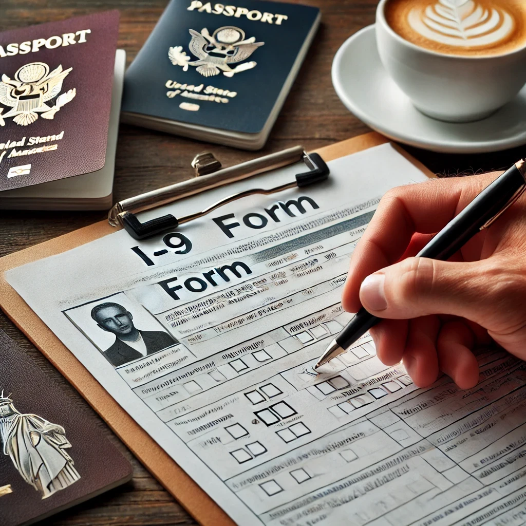 A close-up of an I-9 form being filled out by an employer and employee, with the form on a clipboard and identification documents like a passport and driver's license in the background, highlighting the verification process.