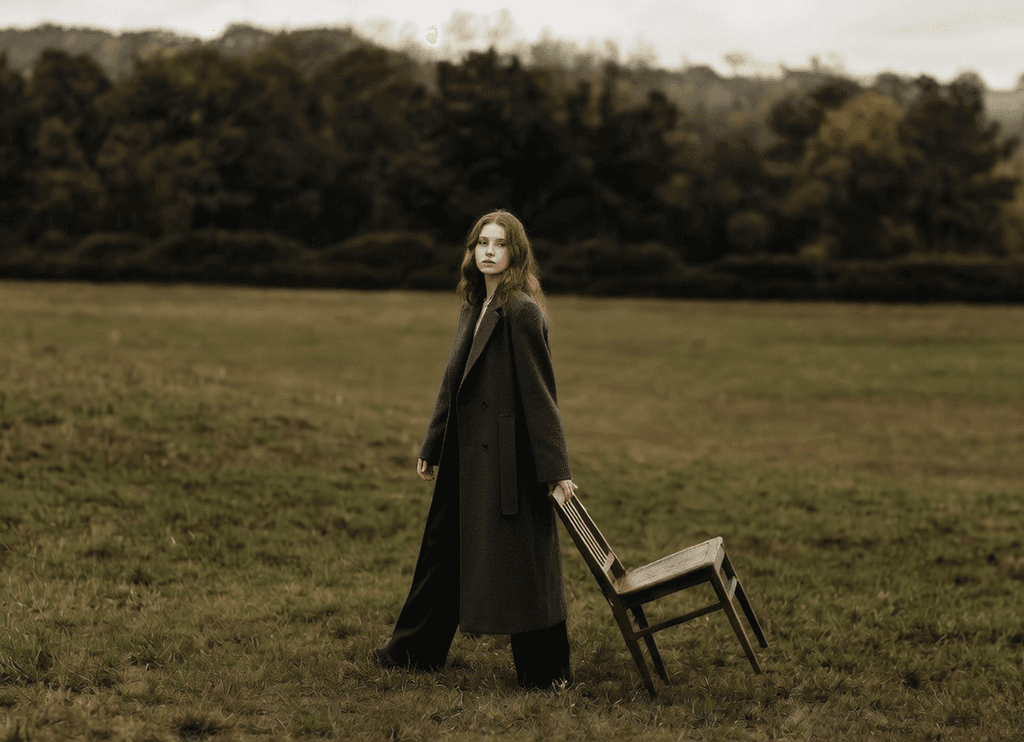 Woman walking across a field carrying a wooden chair