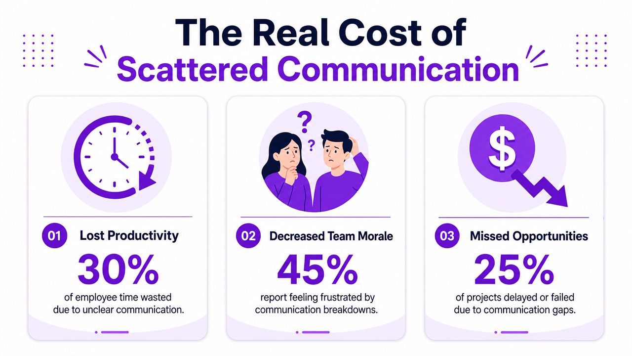 An infographic detailing the negative impacts of scattered communication on productivity, team morale, and project success.