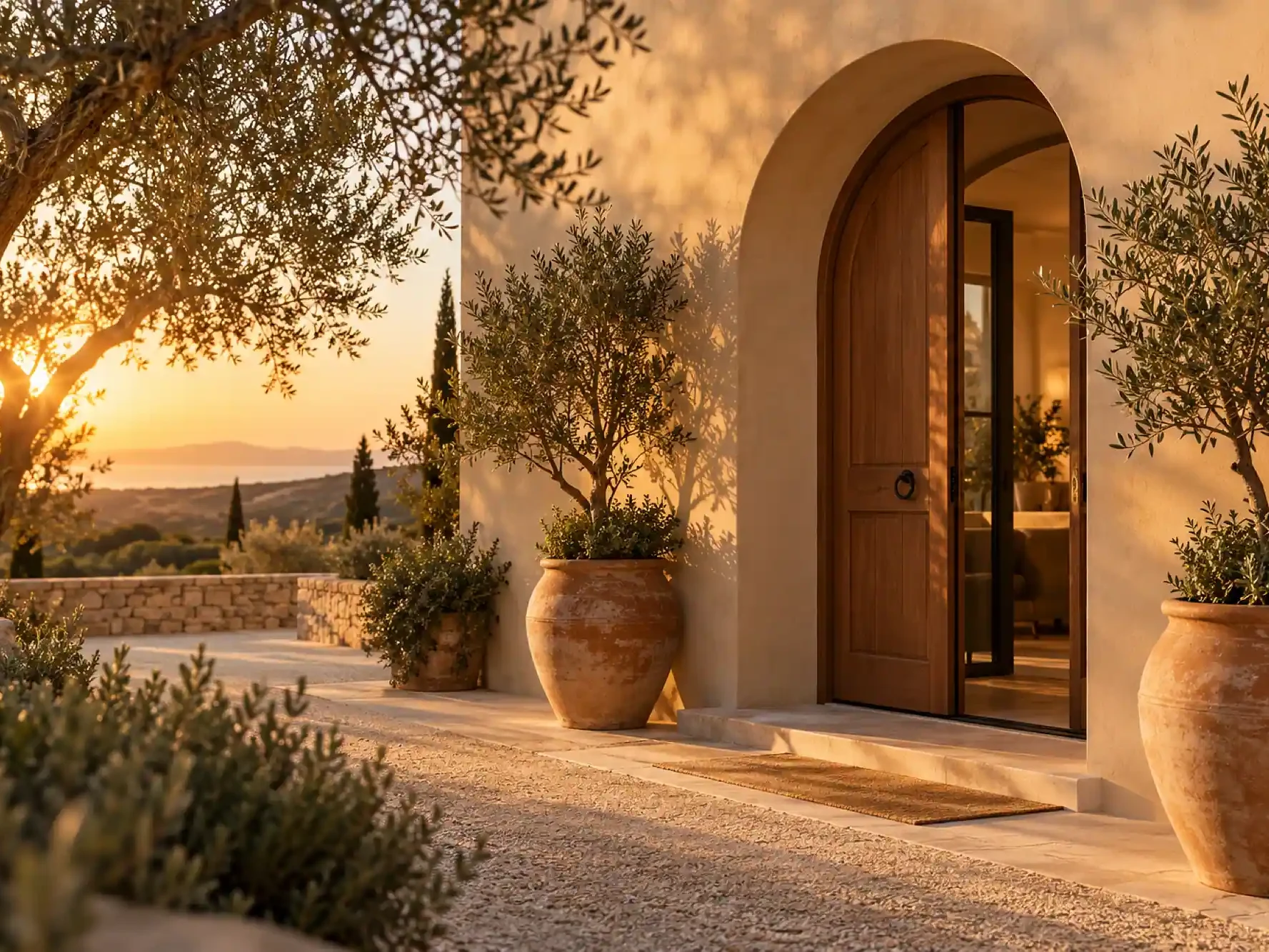 The Solenne building with an arched wooden door and olive trees at golden hour