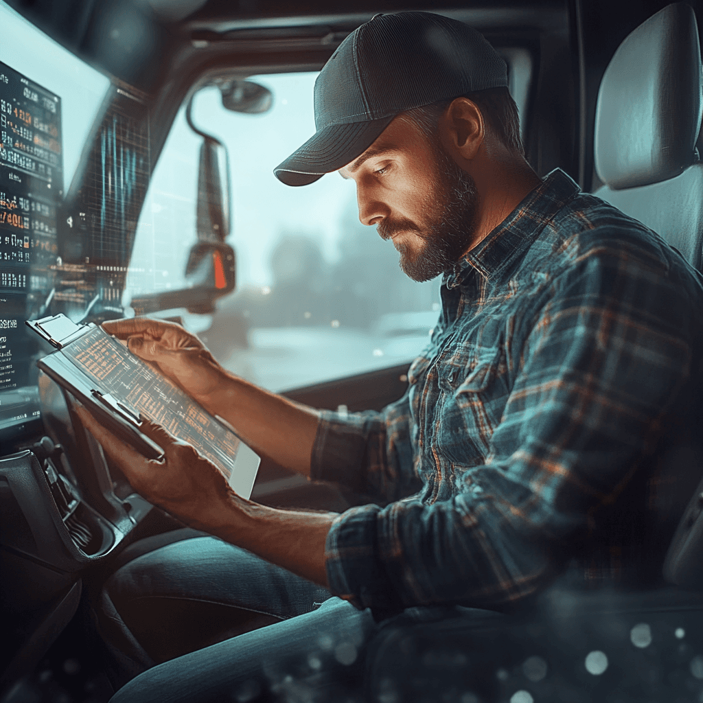 Trucker analyzing shipment rates and broker information on a tablet.