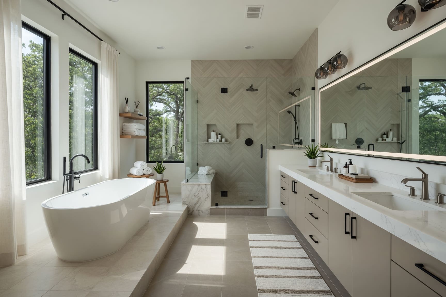 Marble bathroom with freestanding tub and double vanity