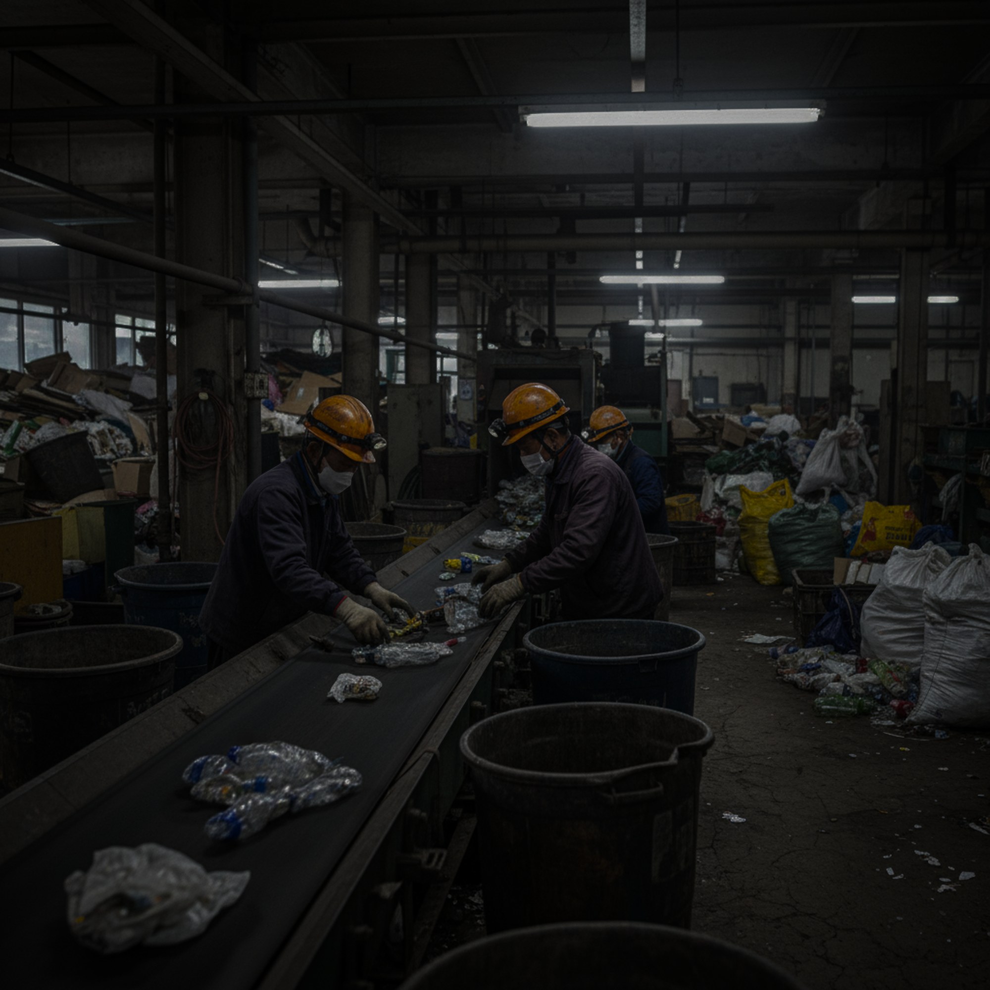 Workers hand-picking recyclables from a conveyor belt at a sorting facility