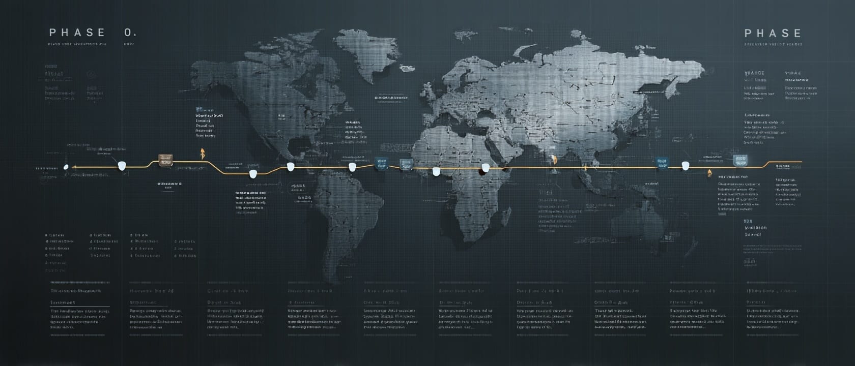 World map timeline graphic with labeled phases and milestone markers across a horizontal path, representing a staged global transformation roadmap for logistics, trade, or enterprise infrastructure development.