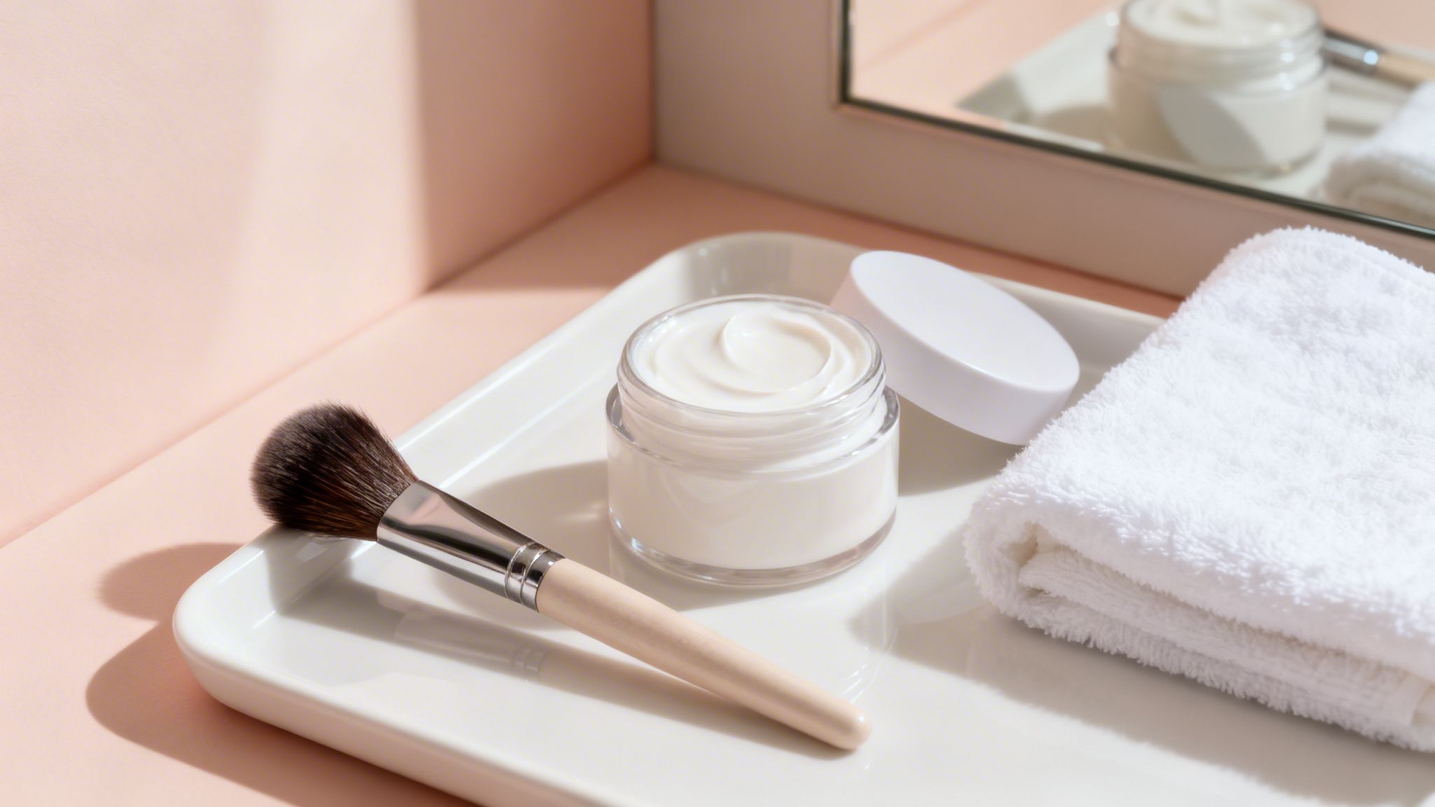 A clean skincare routine setup with face cream, a makeup brush, and a white towel on a tray.