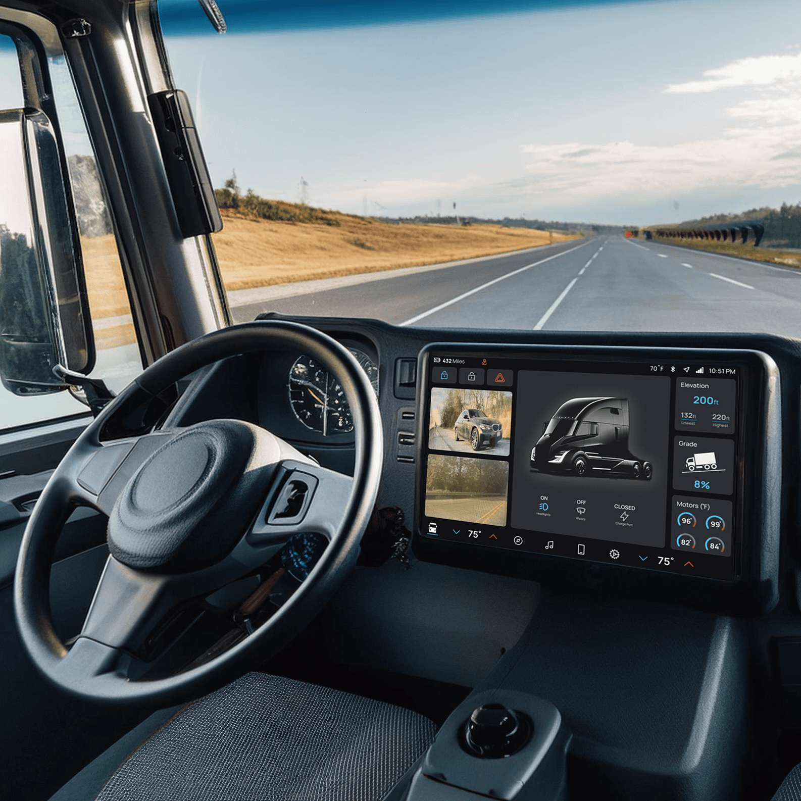 Image showcasing the interface for the electric semi truck