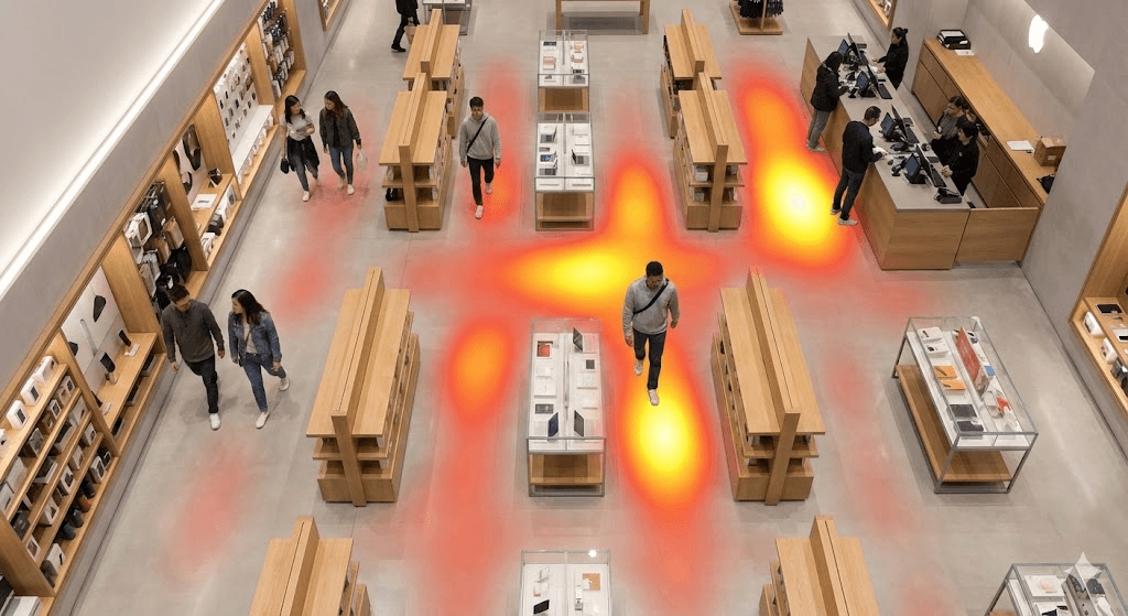 Retail heatmap analytics showing in-store customer movement, zone performance analysis, and product visibility optimization