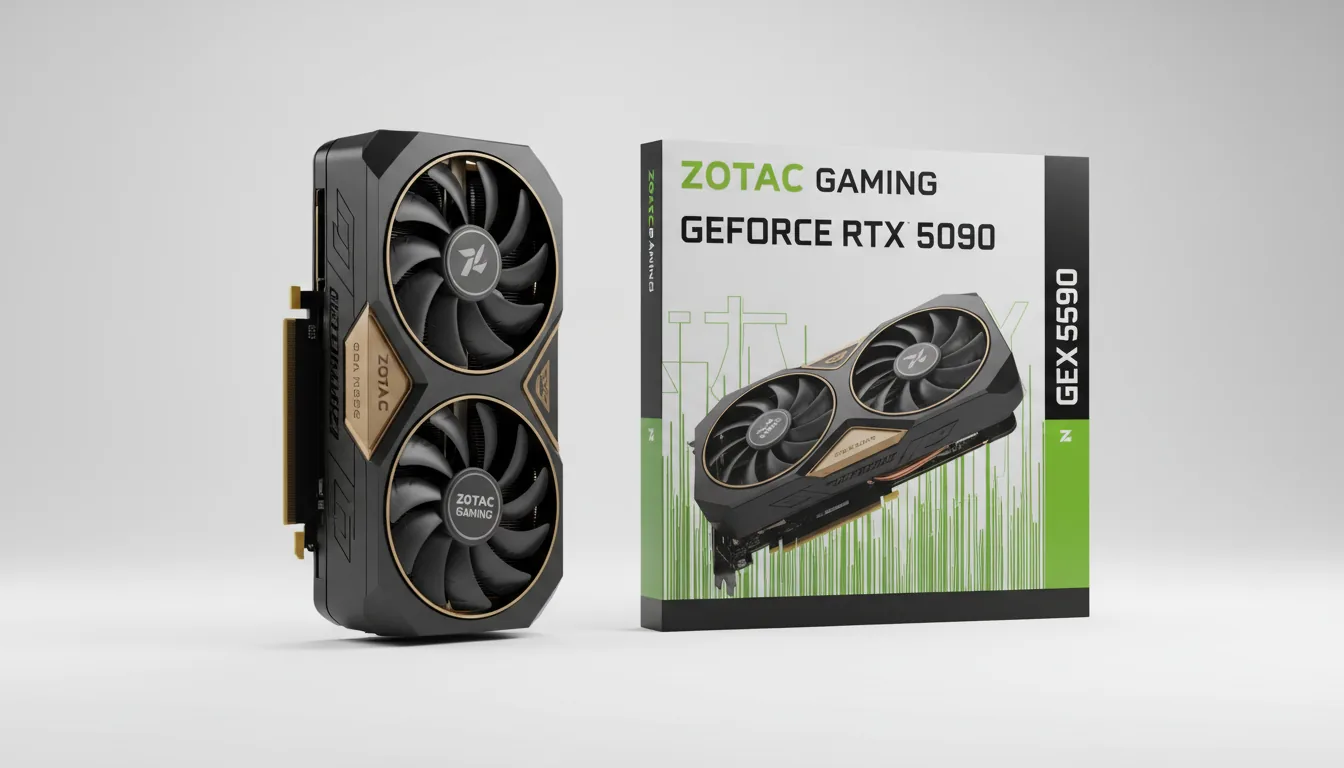 3D product visualization of a ZOTAC GAMING GeForce RTX 5090 graphics card standing vertically next to its retail box, on a clean white studio backdrop. Soft global illumination. The GPU is a large, black, triple-fan card with an angular shroud and gold-bronze metallic accents. The retail box is light grey and black with bold chartreuse green branding, featuring a hero image of the graphics card, a vertical pinstripe pattern, and abstracted text for the model number. High-end commercial render, matte plastic and metal textures.