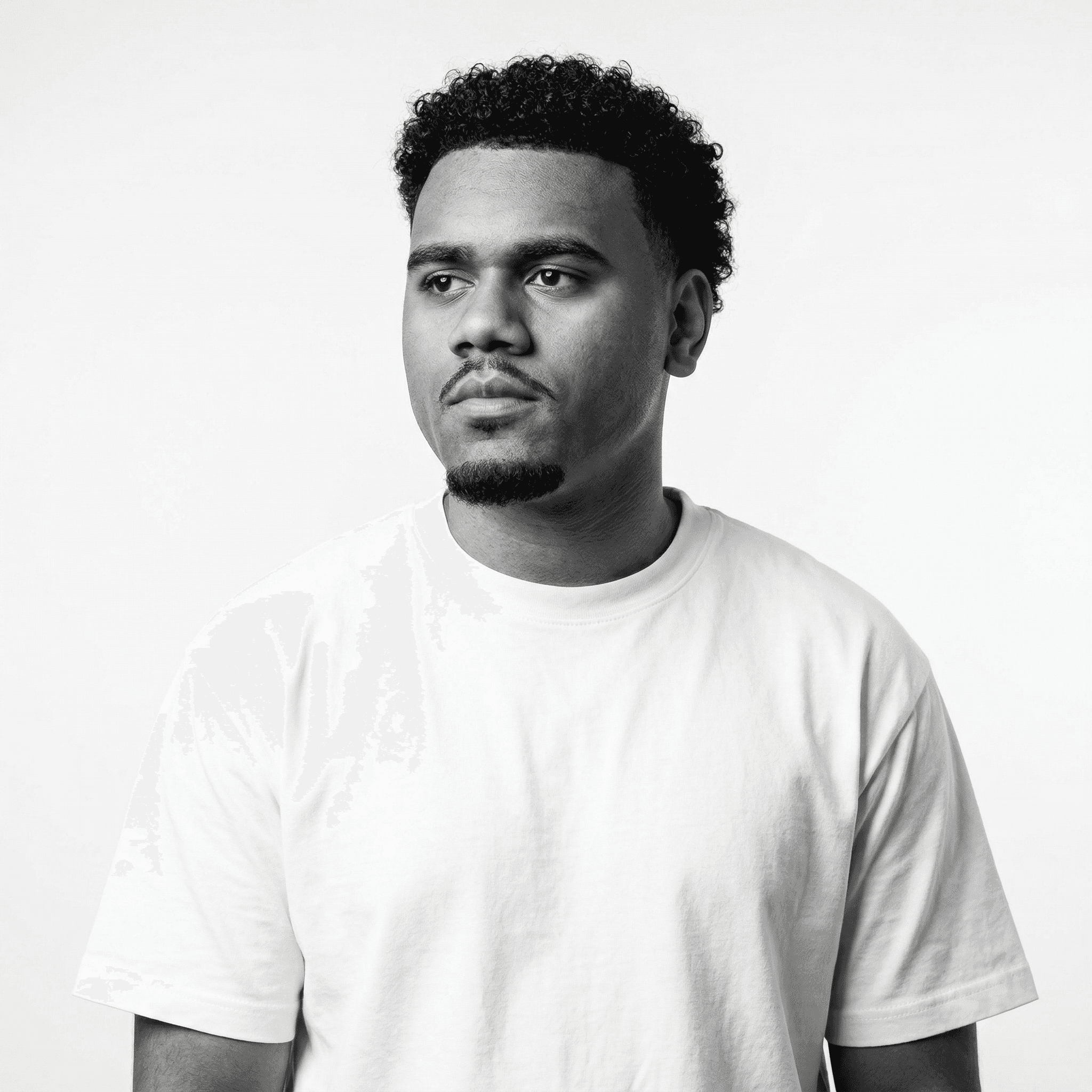 A thoughtful young person with dark hair gazes to the side, captured in soft black and white lighting.