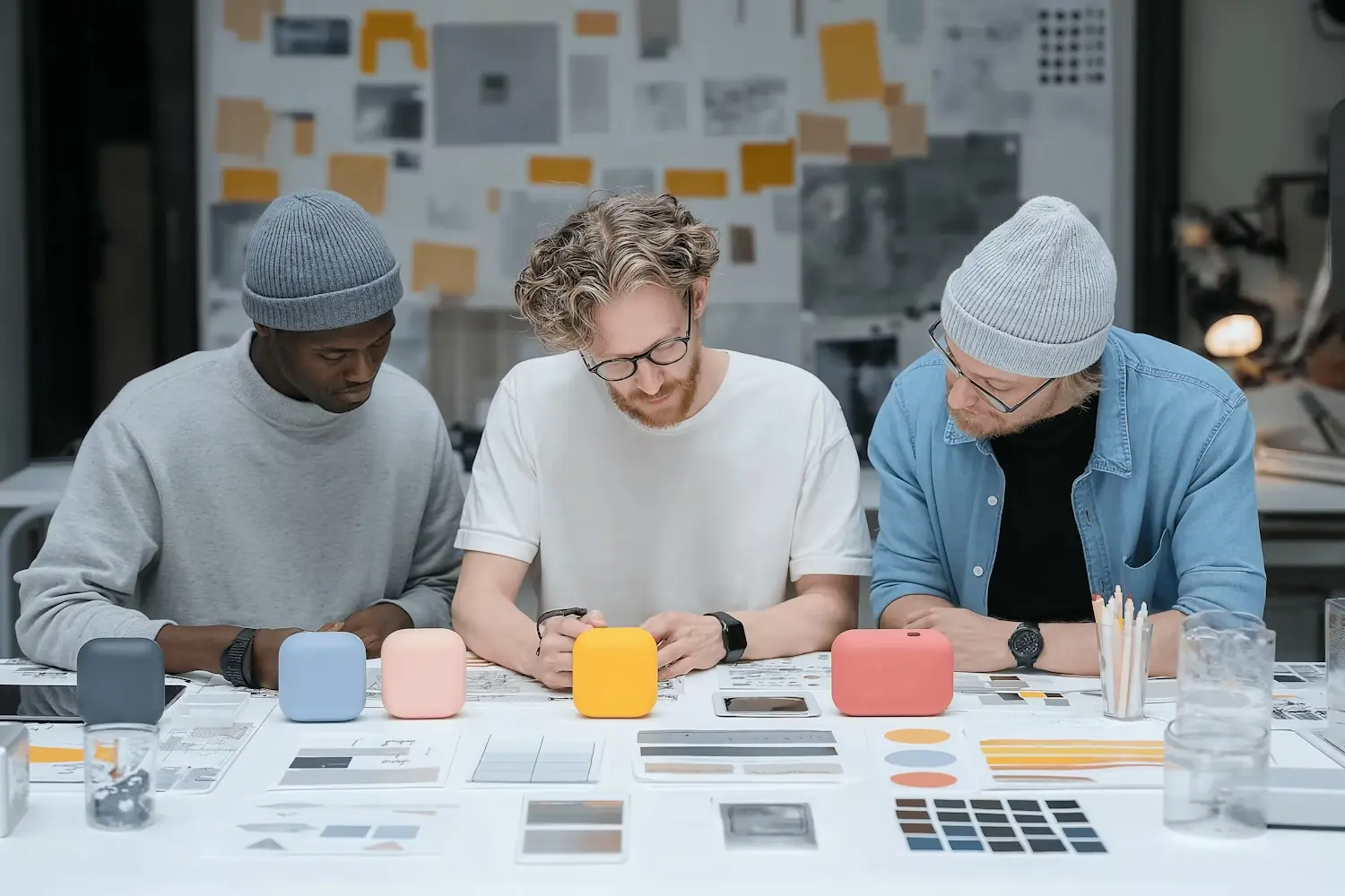Three designers reviewing product prototypes and color samples at a table.