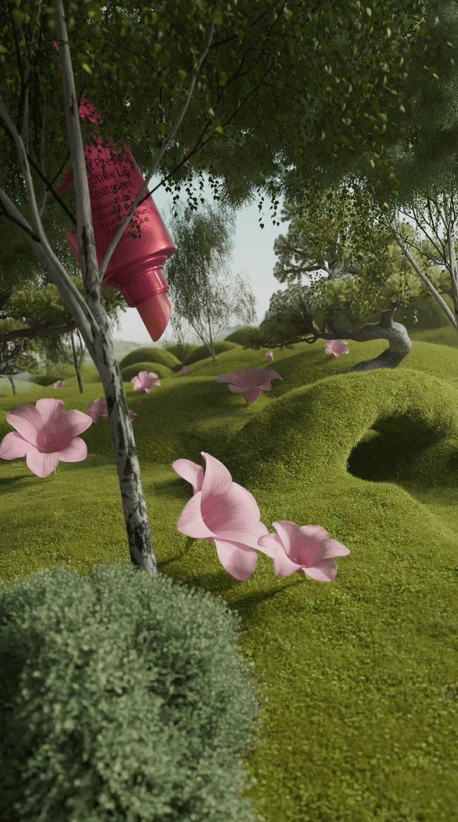 A pink lip treatment tube floating over a rolling green landscape with pink flowers