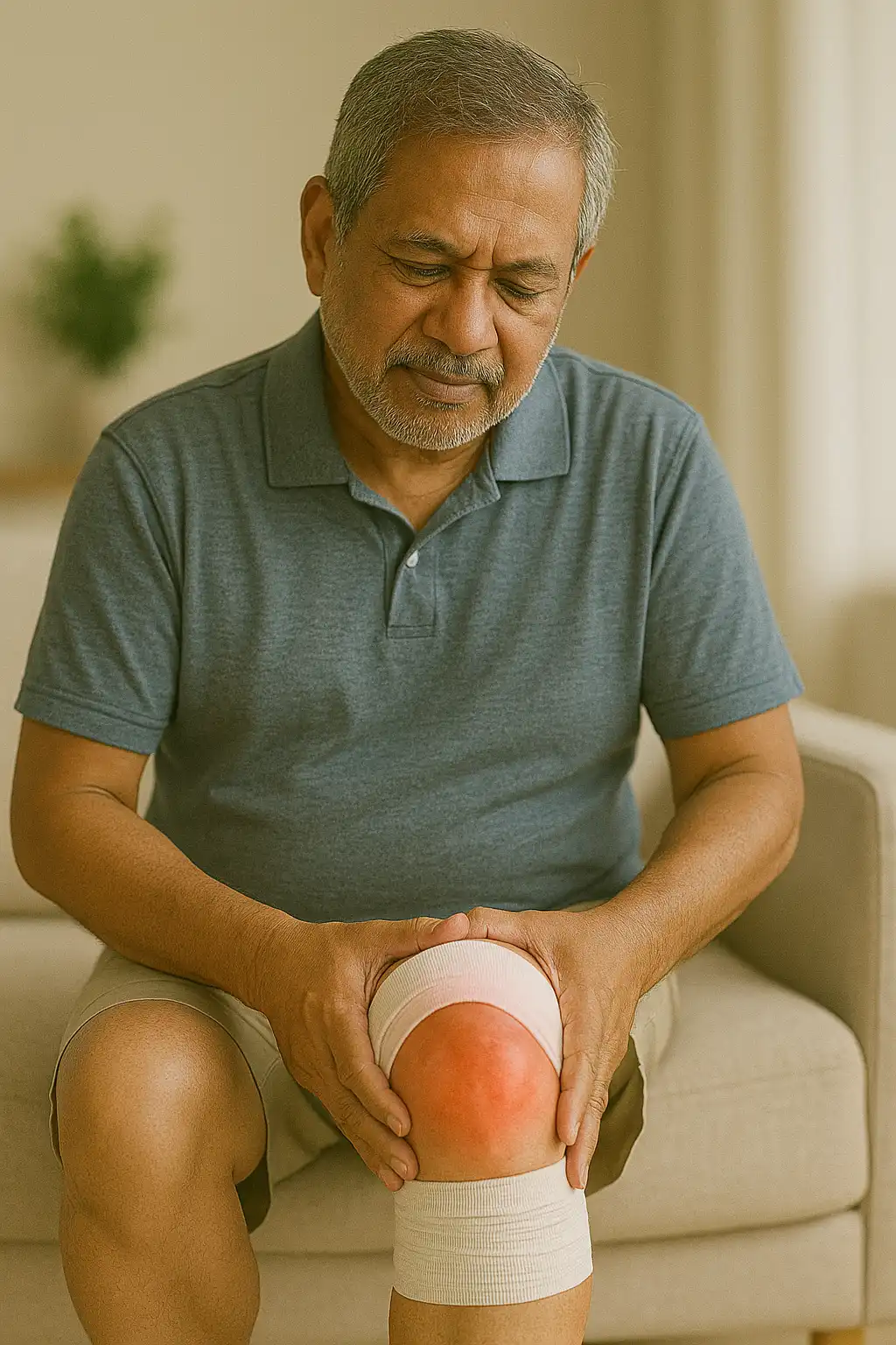 An older man sitting on a couch and holding his wrapped knee, which appears red and swollen, suggesting knee pain or post-surgical discomfort.