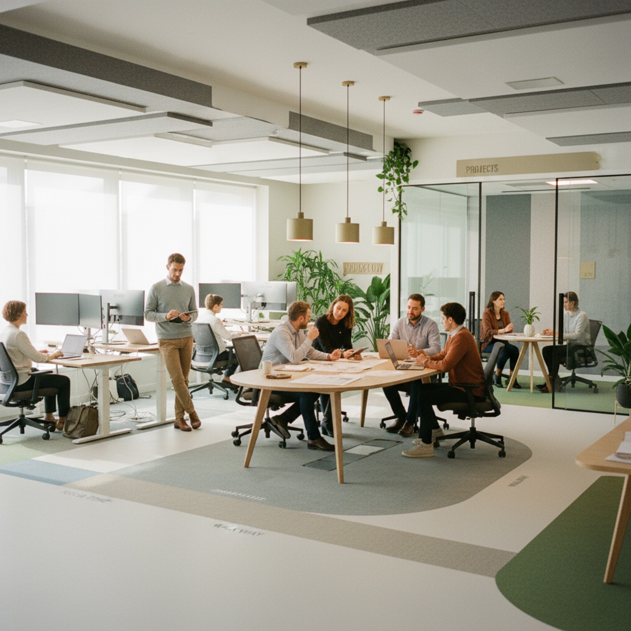 In einem offenen Bürobereich nehmen Kolleginnen und Kollegen an höhenverstellbaren Schreibtischen Platz. Einige wählen ruhige Fokuszonen, andere treffen sich an einem Projekt-Tisch. Ein transparenter Meetingraum liegt daneben. Die Übergänge wirken intuitiv, Bereiche sind klar gekennzeichnet, alles bereit für flexible Zusammenarbeit.