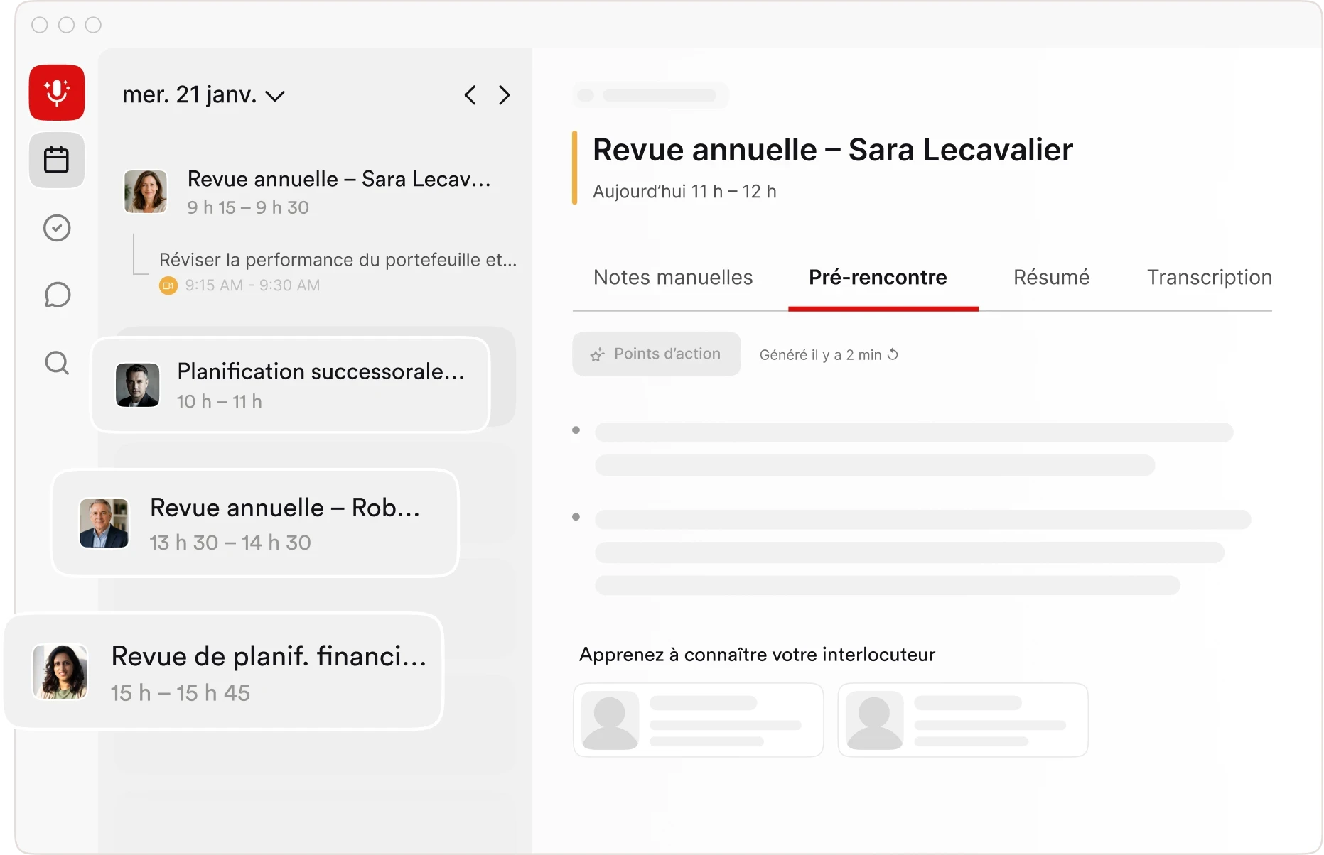 Bloks AI Meeting Notes showing structured meeting notes for a financial advisor