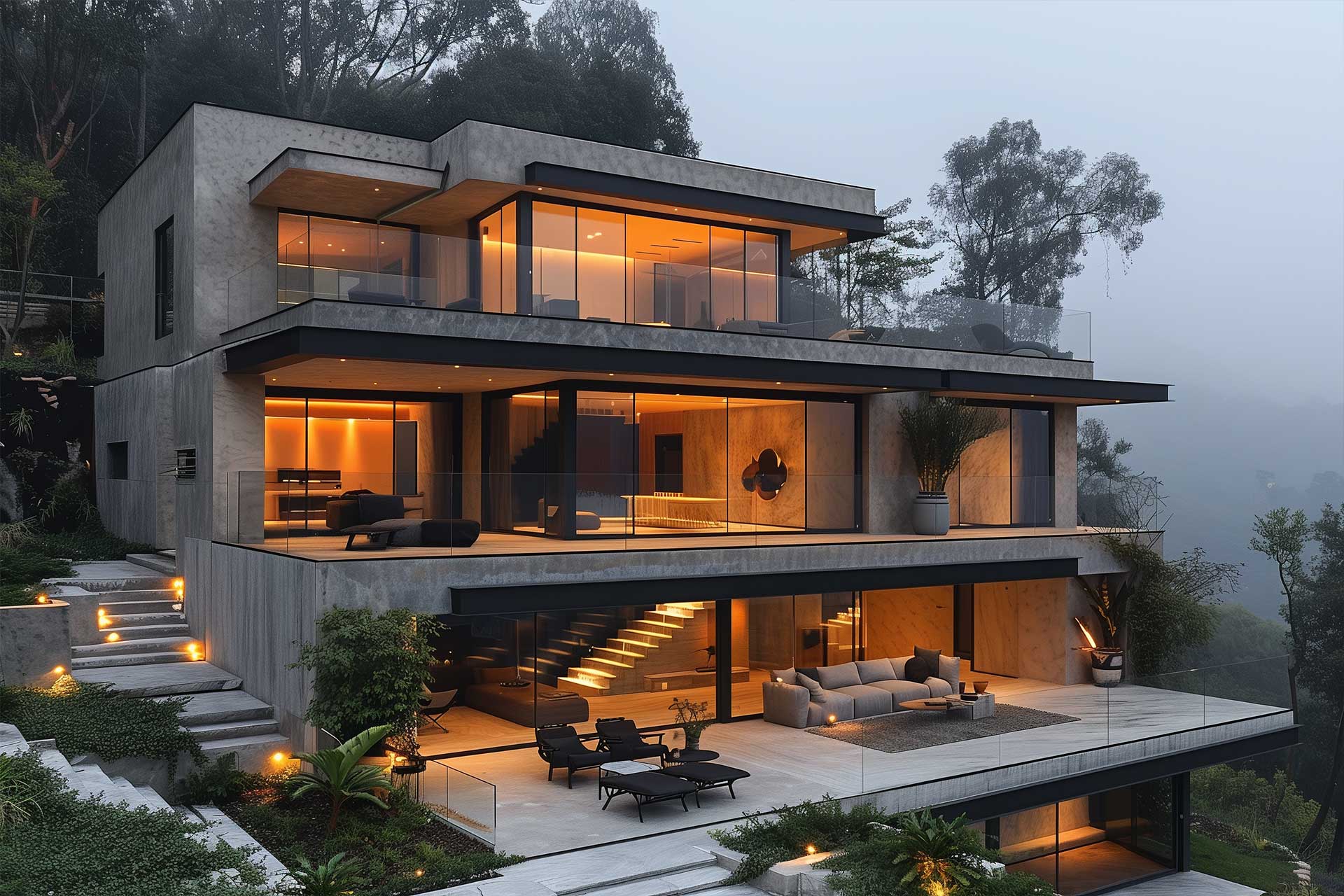 Modern multi-level home with large glass windows and outdoor seating area in a foggy, wooded environment