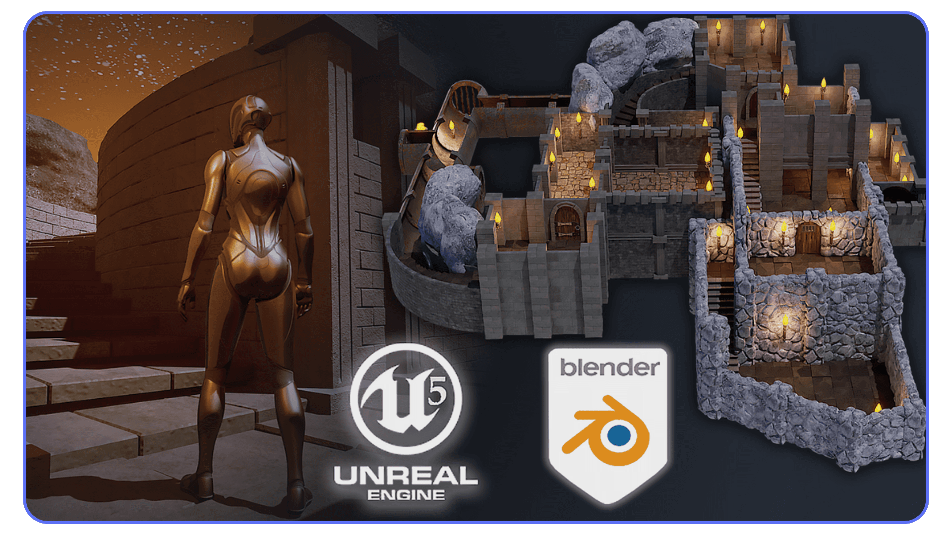 Unreal Engine 5 and Blender workflow preview featuring a modular dungeon environment pack.