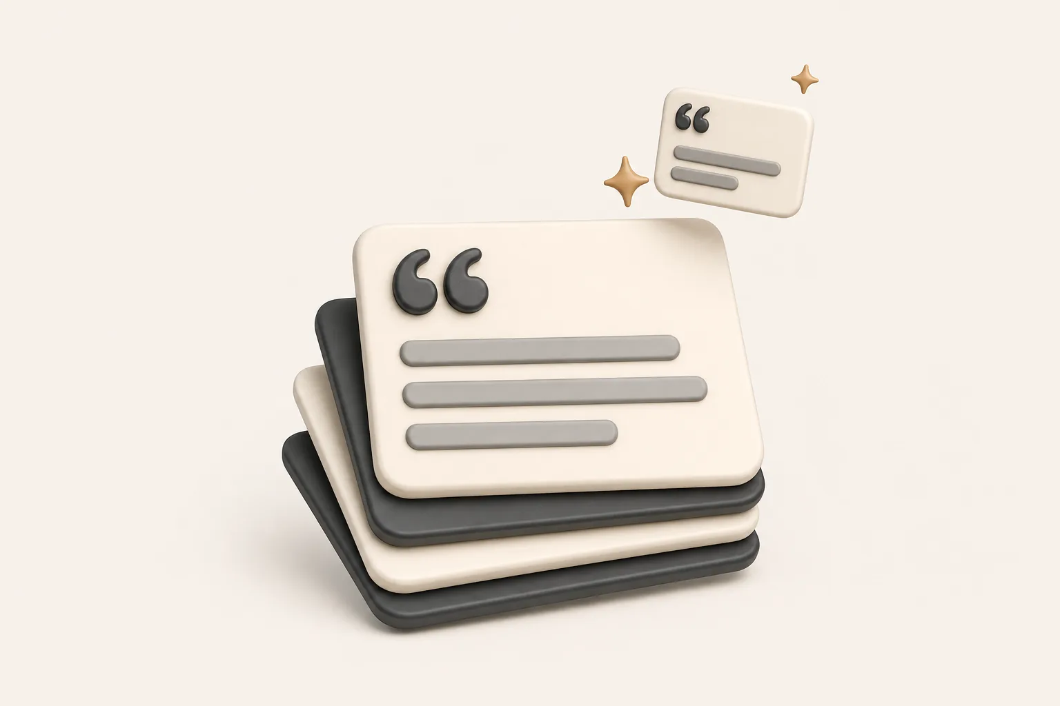 3D stack of article cards with quotation marks and a sparkle lifting a quote off the top card