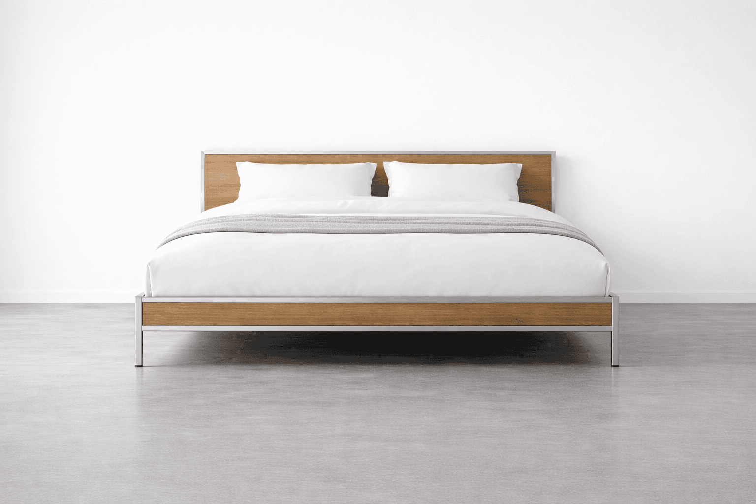 Photo showing Drom bed frame, metalic legs, modern, light brown color.