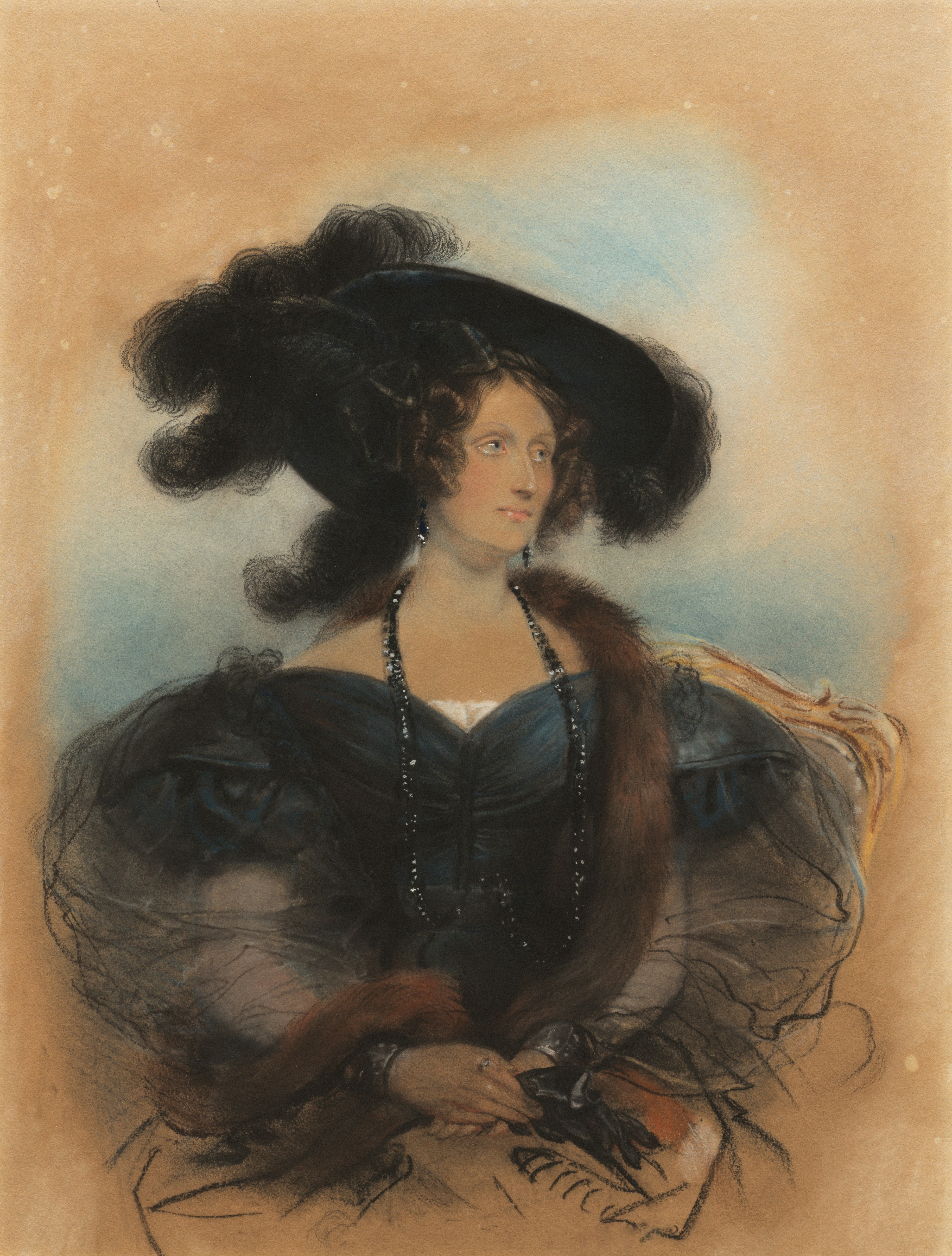 Woman in a large feathered hat and dark dress.