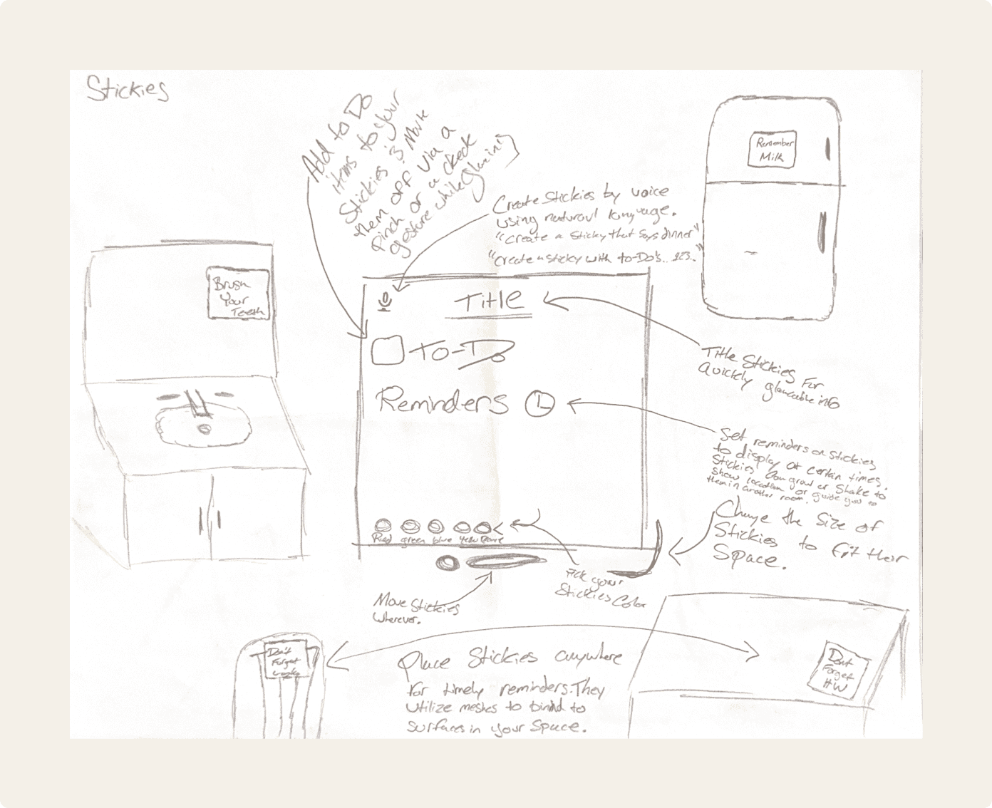 Initial Sketch of Mixed Reality Calendar with potetential sticky notes feature of Mixed Reality Calendar