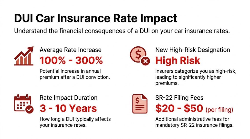 An infographic illustrating the financial consequences of a DUI conviction on car insurance rates and premiums.