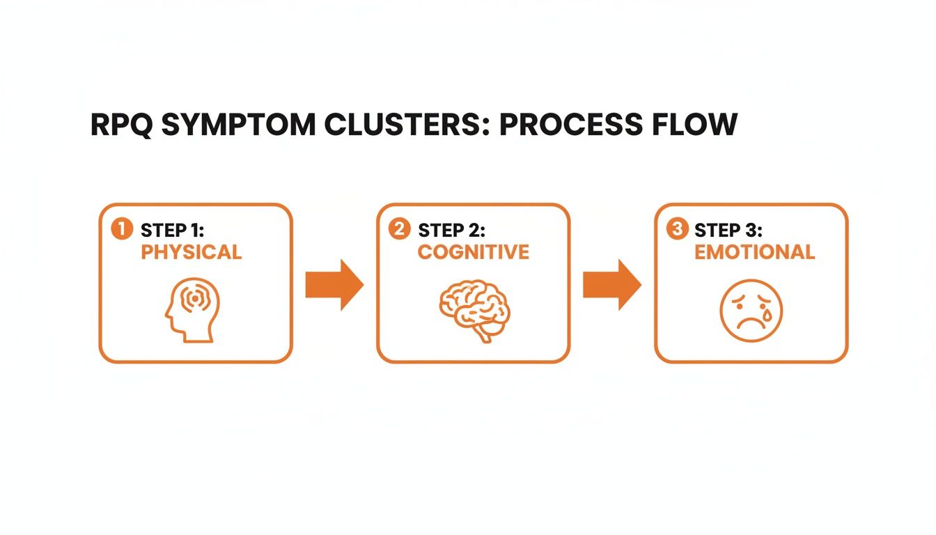 Flowchart illustrating RPQ symptom clusters: Physical, Cognitive, and Emotional, in a sequential process.