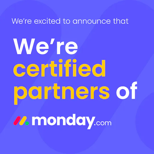 Announcement graphic with a vibrant purple background featuring subtle circular shapes. White and yellow text reads "We're excited to announce that We're certified partners of" followed by the Monday.com logo. This image celebrates Lucas Ostrowski's achievement as a certified partner of Monday.com, highlighting his advanced expertise in automation and no-code solutions using the platform alongside tools like Make.com and Notion. CopyRetry