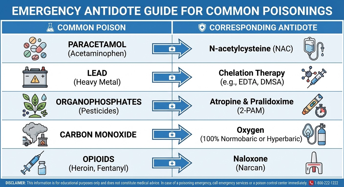 Common poisonings and their specific antidotes for FMGE toxicology preparation