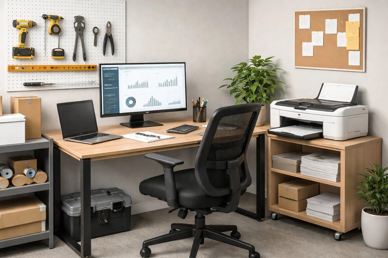 Office workspace showing business-use items like a computer, printer, office chair, paperwork, and tools used for daily operations.