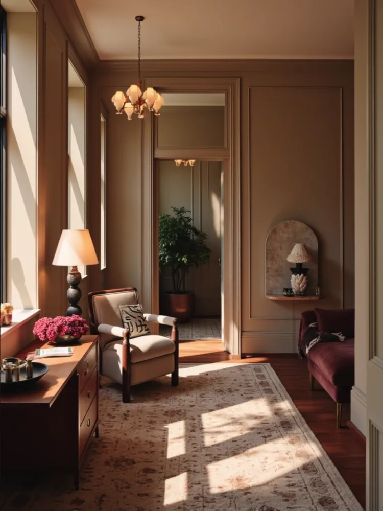 AI-generated interior design series, style definition study, warm modern living spaces, art-directed furniture styling and natural light