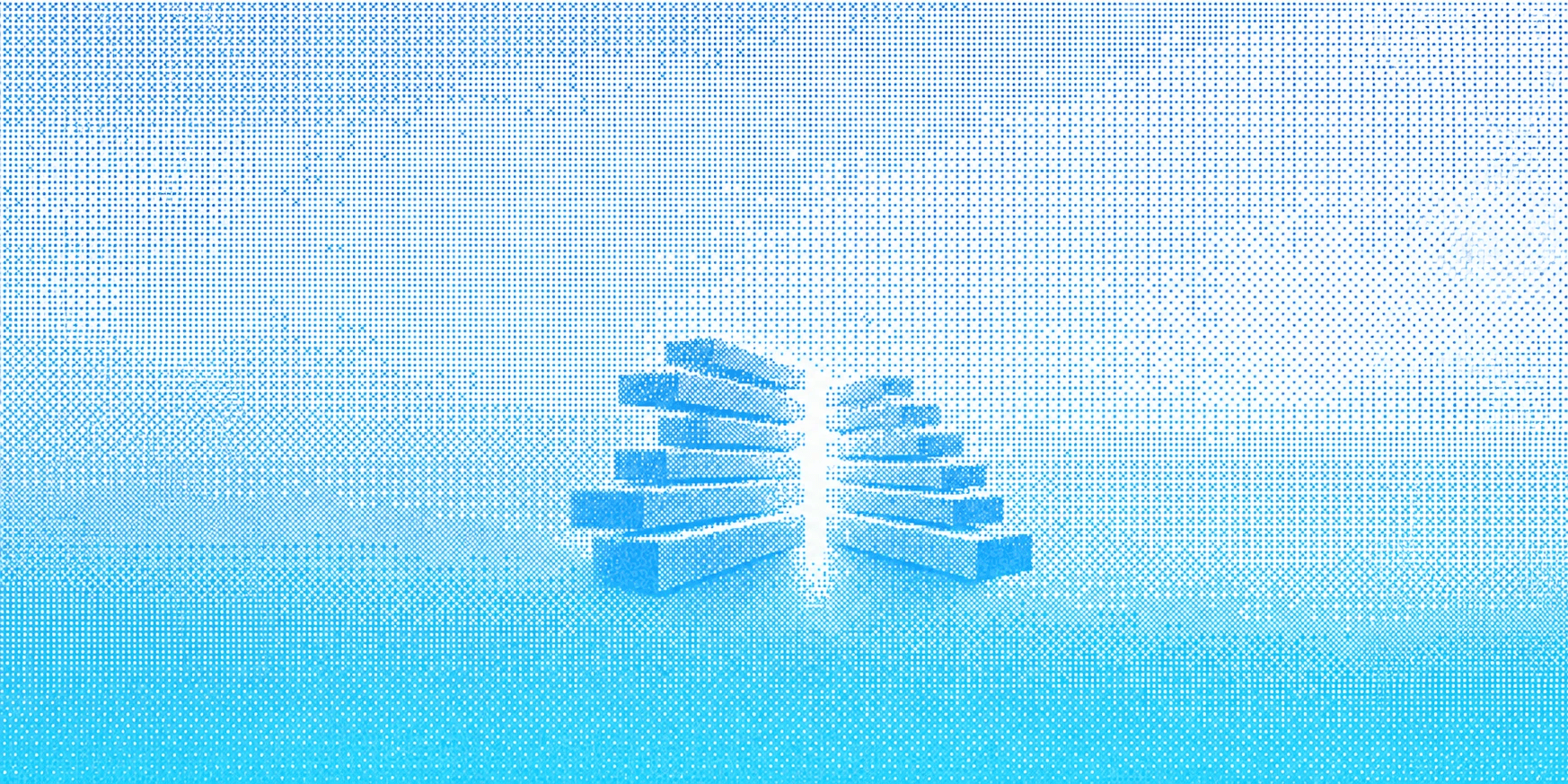 Blue and cyan halftone illustration of a two-sided order book and bid-ask spread.