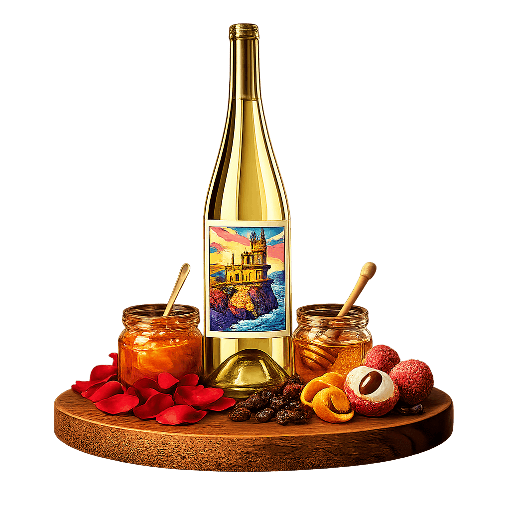 Artistic label and flavor profile for Crimean Muscat on a rustic wooden table.
